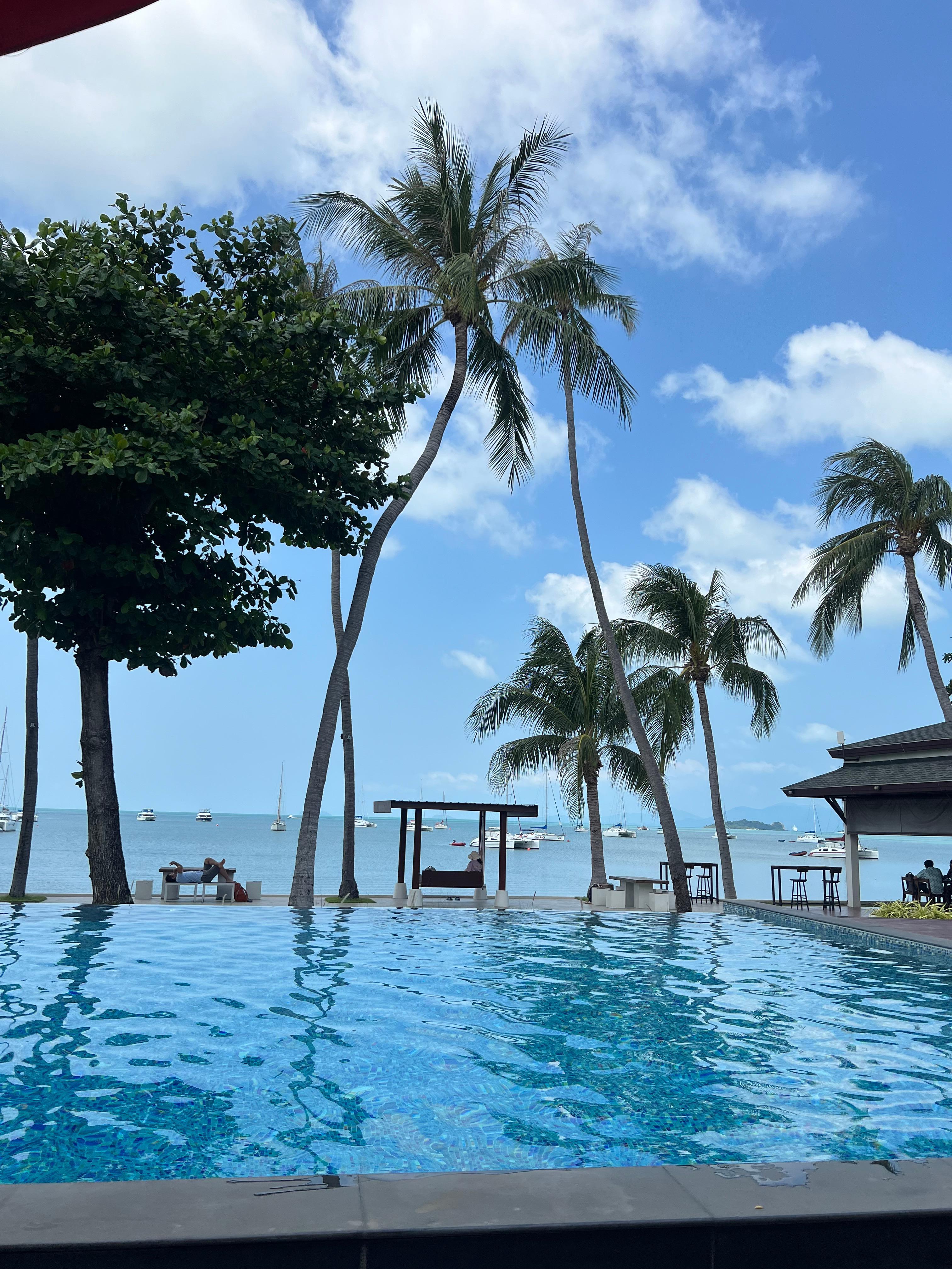 View from the Grand deluxe room with pool and sea view