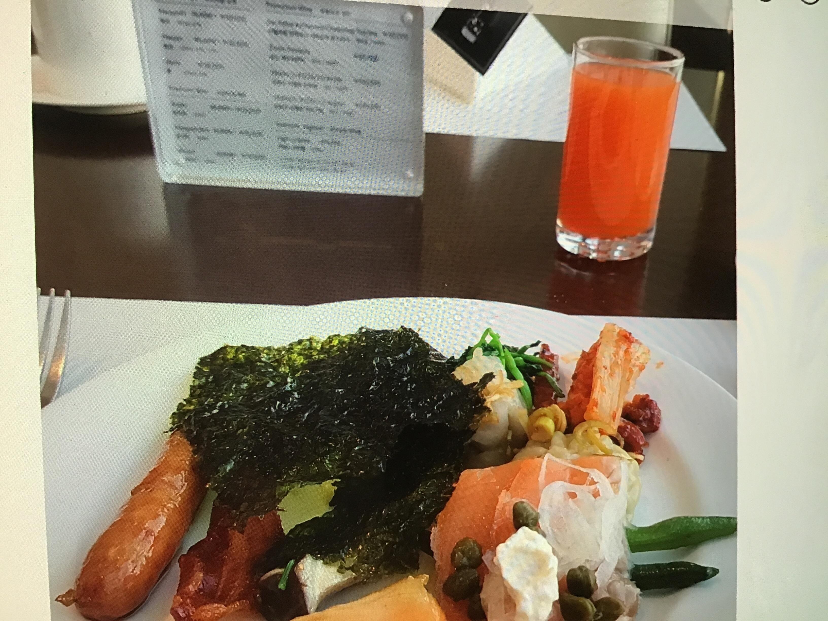 Variety of choices at the breakfast buffet. Fresh veggie juice