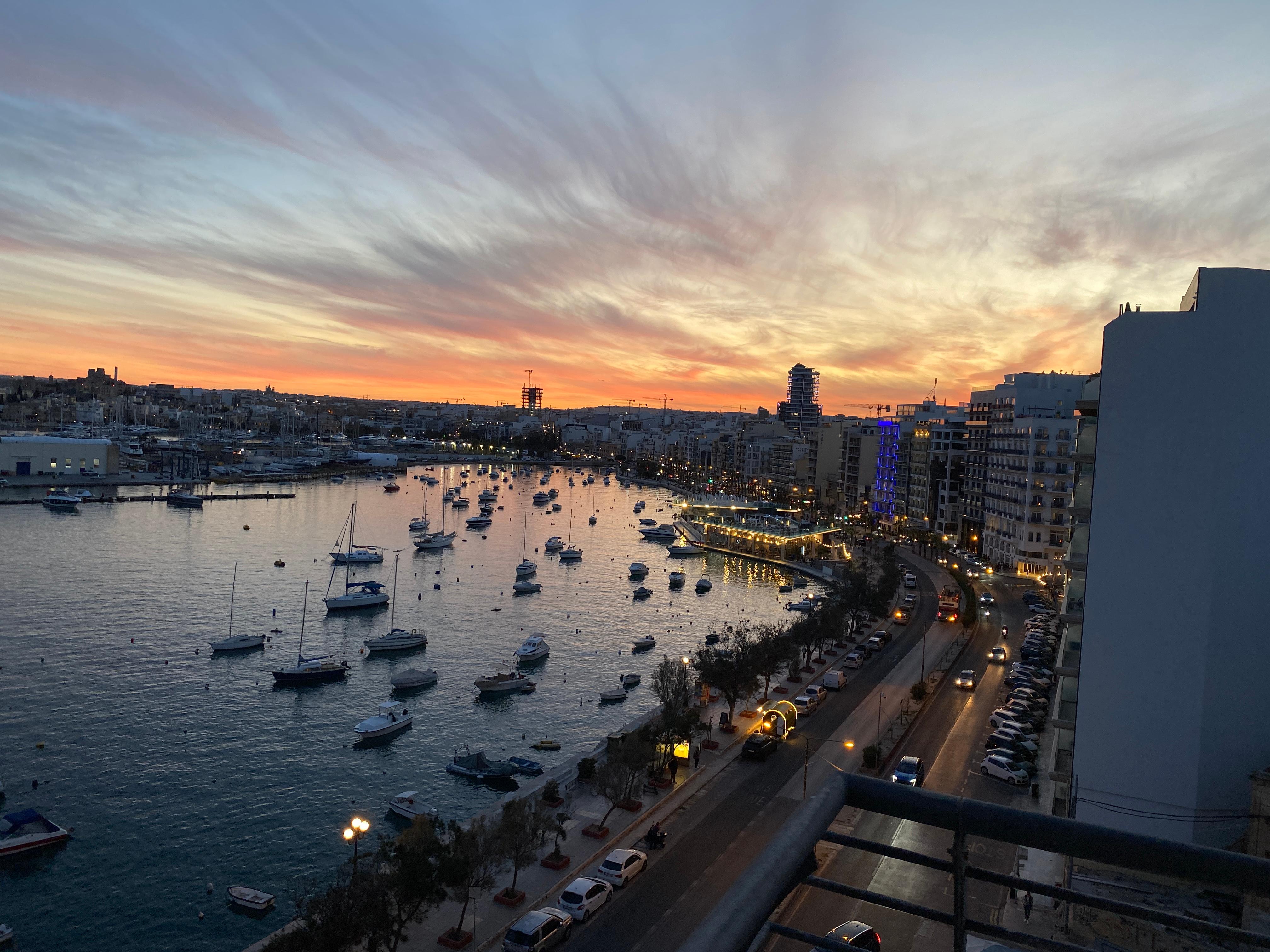 View from the hotel balcony at sunset