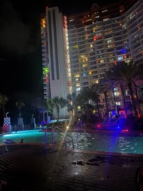 Pool deck view of night swim