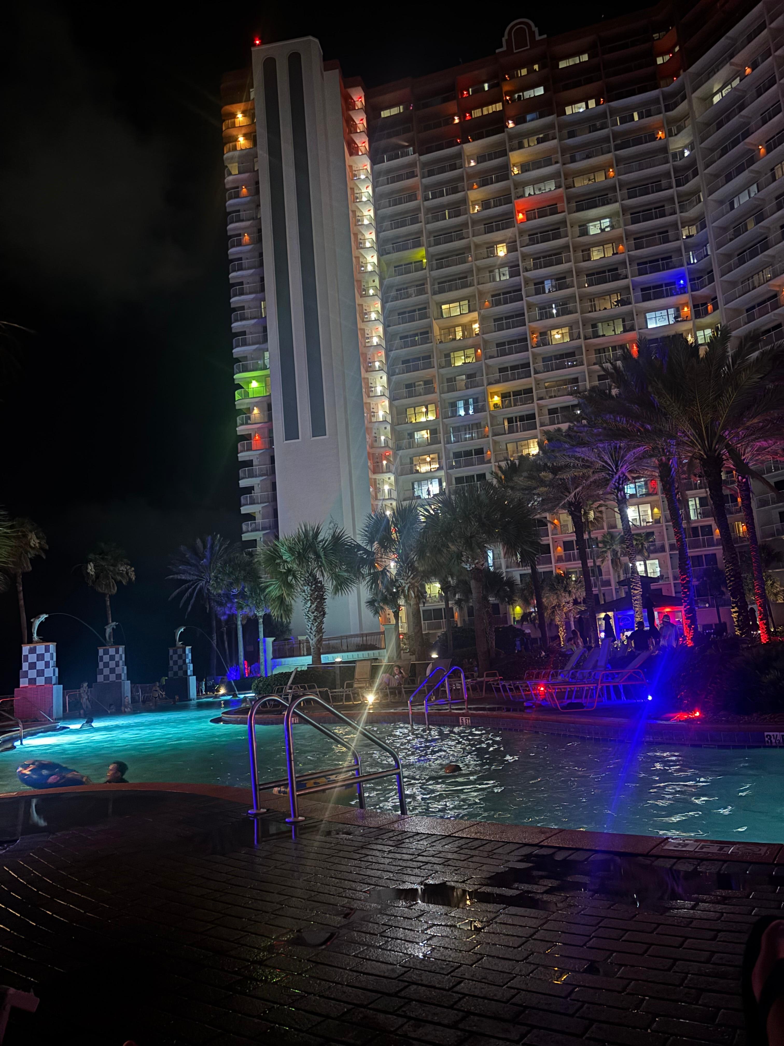 Pool deck view of night swim