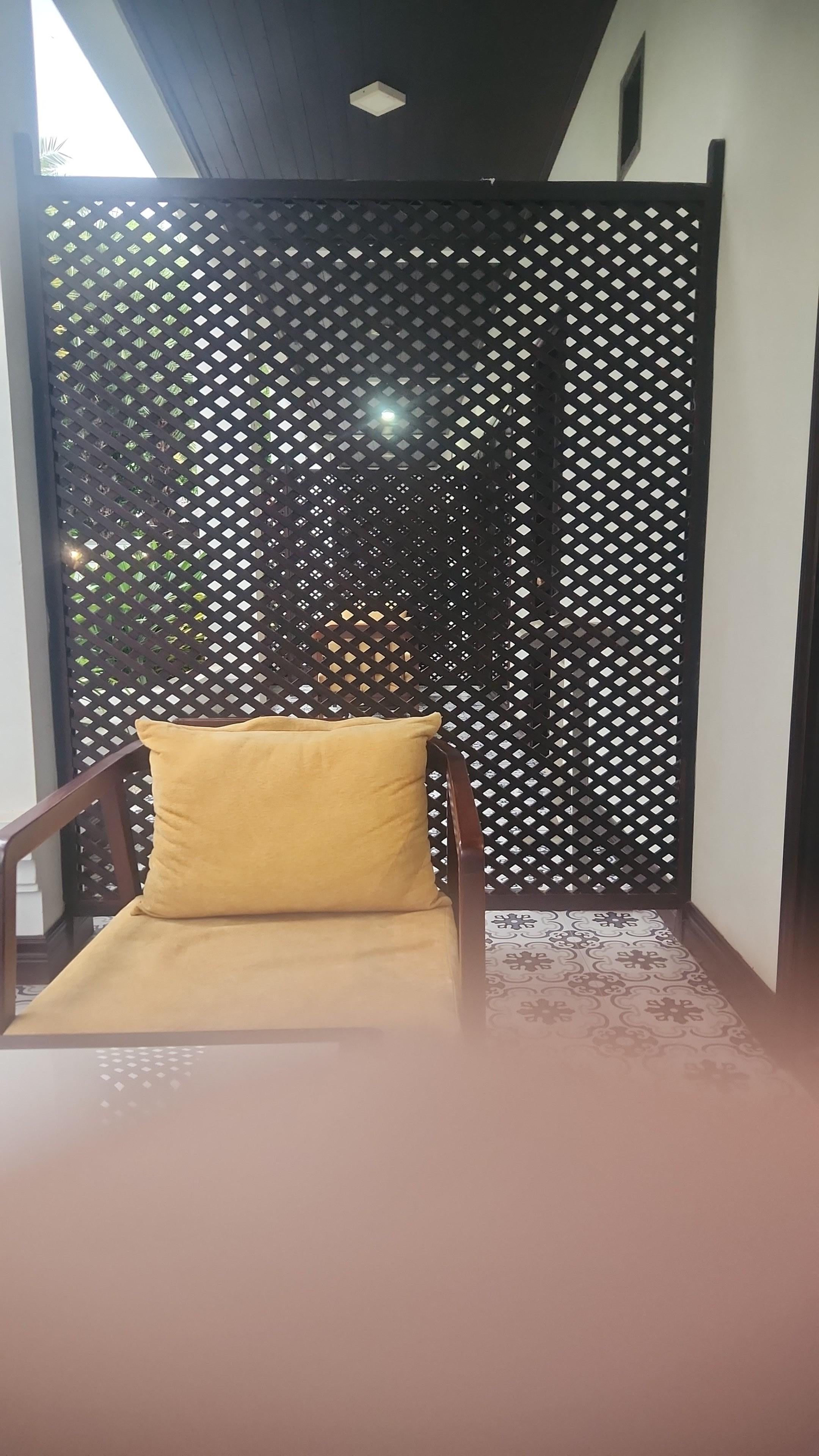 Garden and pool view, comfortable outside chairs.