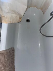 uncleaned tub, hair filled drain, stained curtain