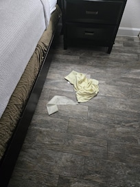 Trash in the bedroom.