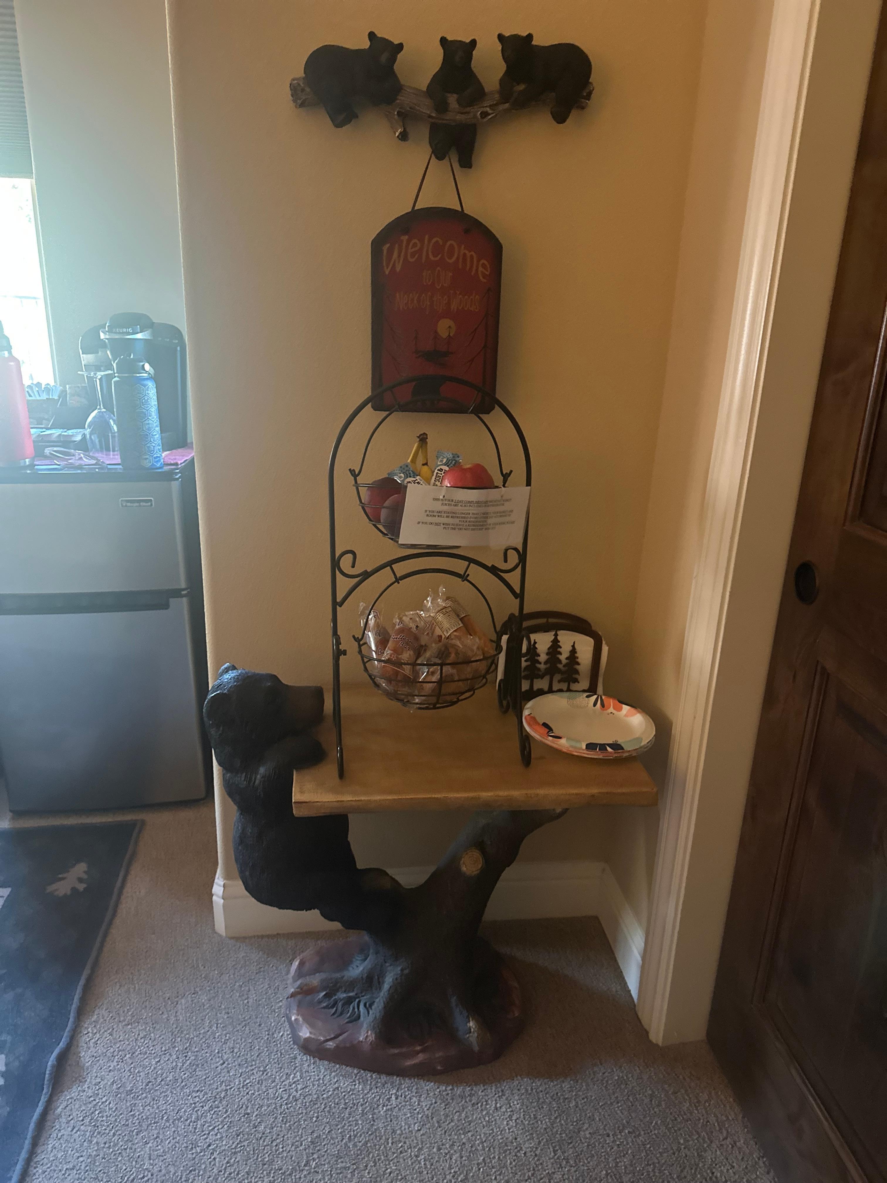 Grab and go style continental breakfast items stocked in the room