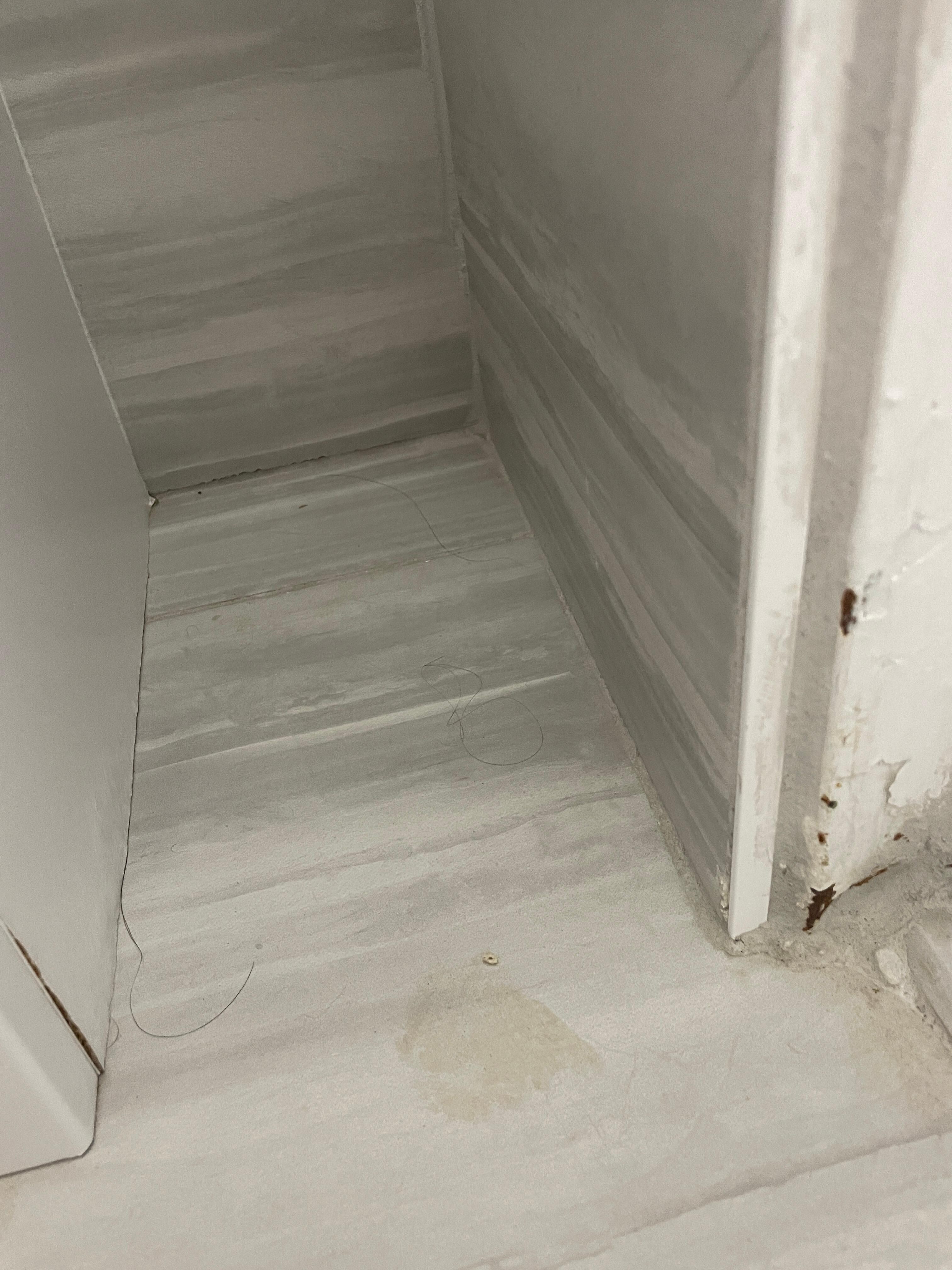 Hair and spills on bathroom floor
