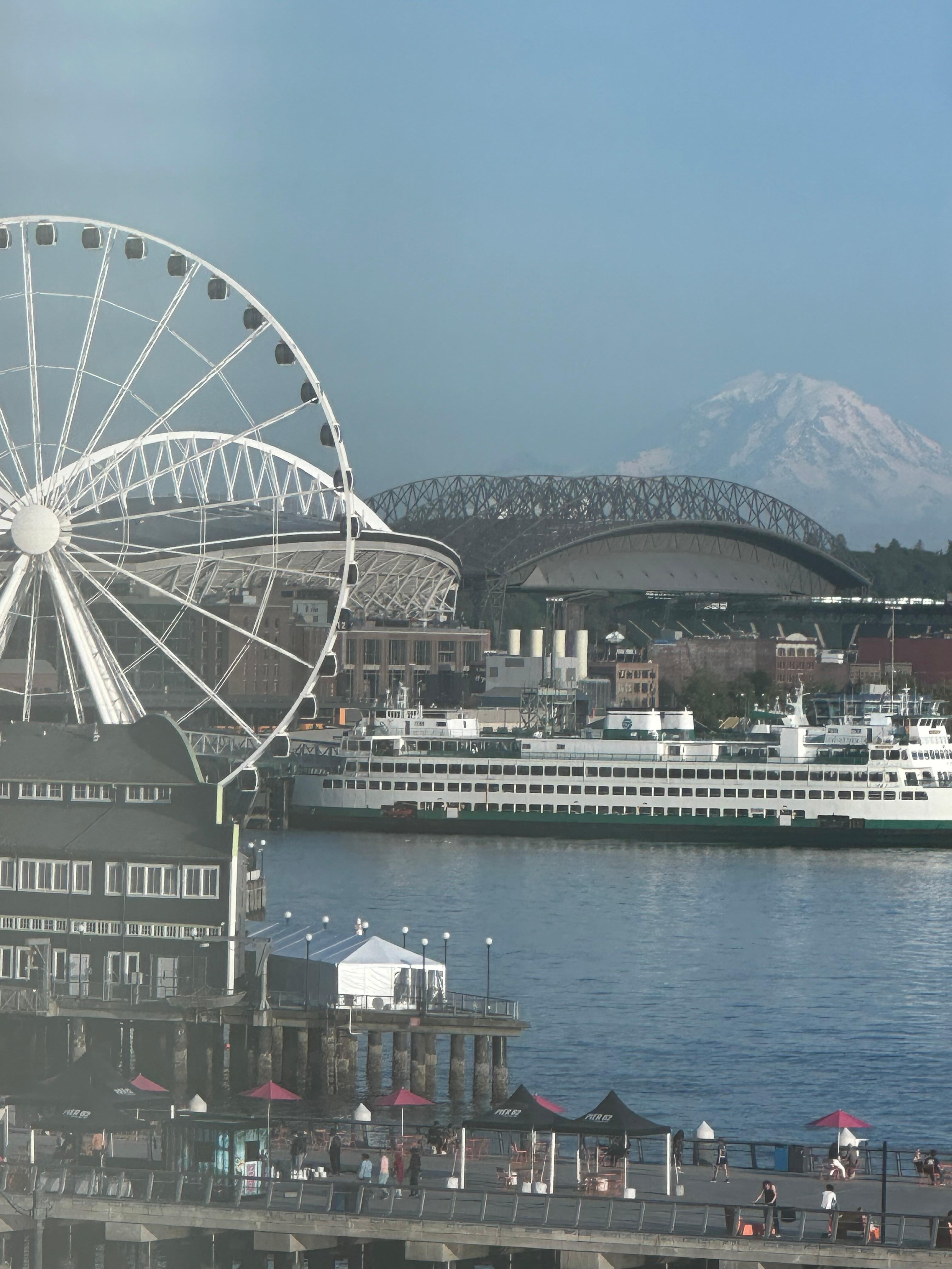 Mount Rainier behind Seattle Great Wheel