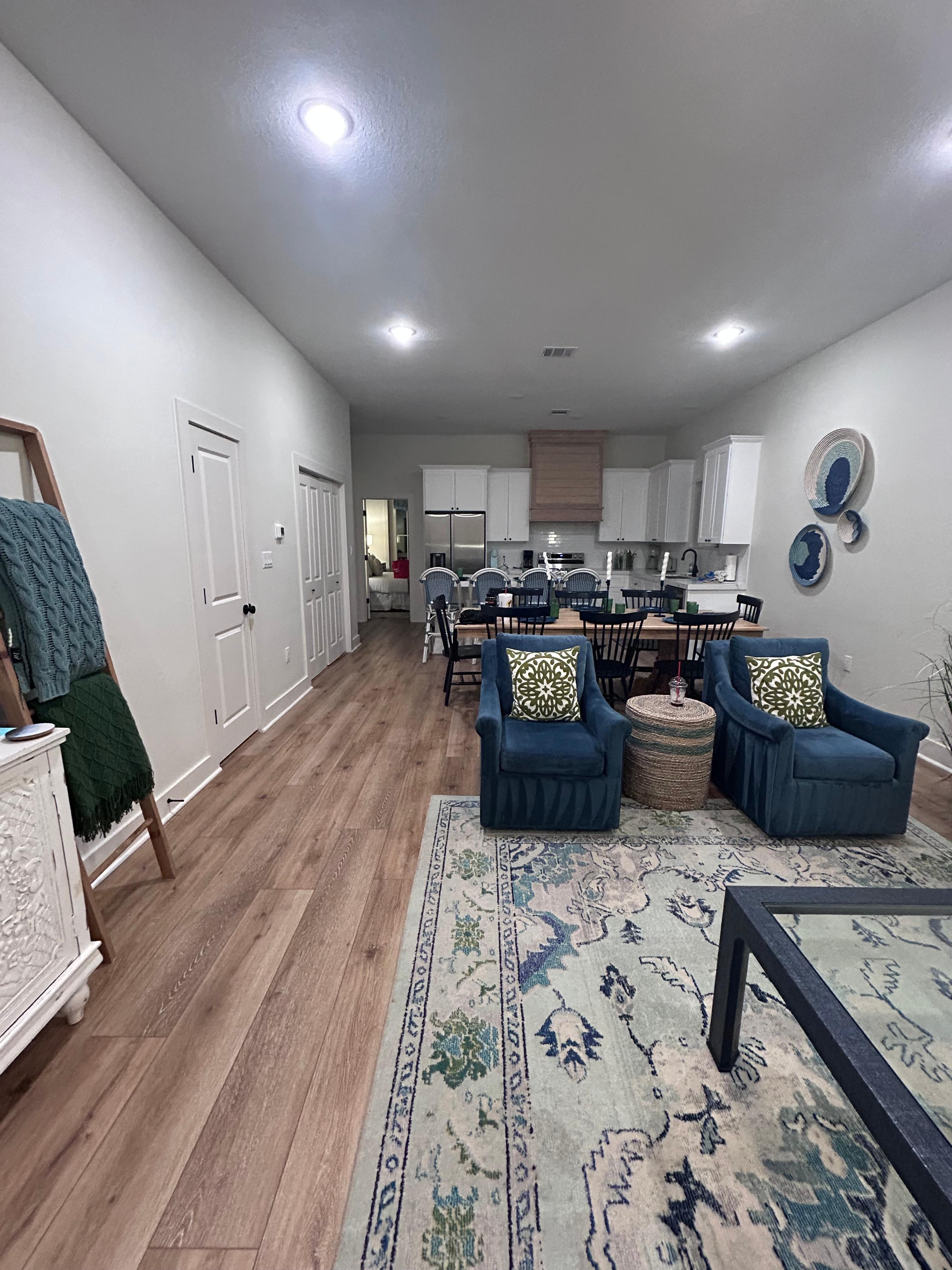 Living room, dining, and kitchen