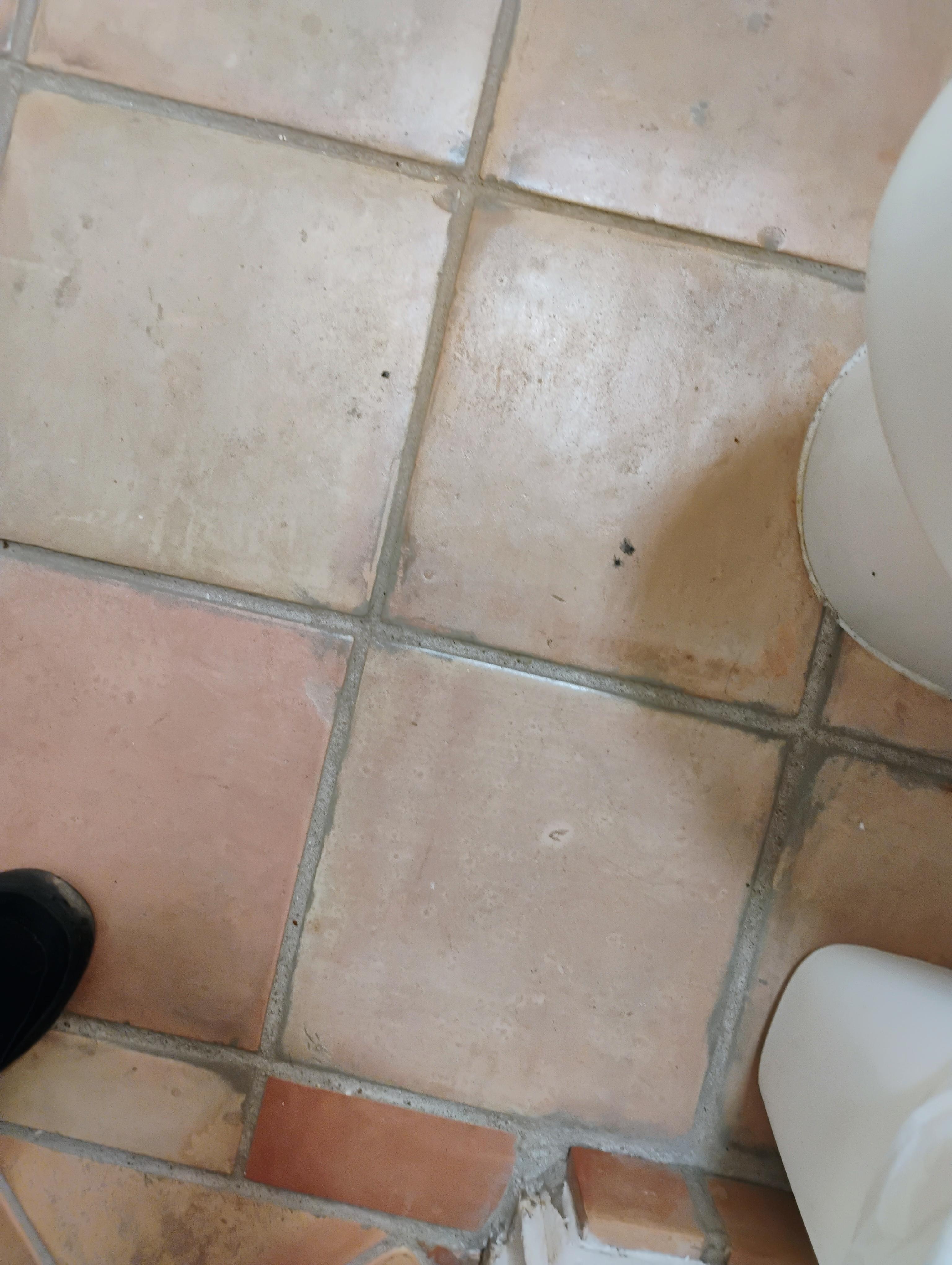 Road tar on bathroom floor