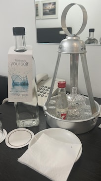Complimentary daily mineral water and a small bottle of ouzo