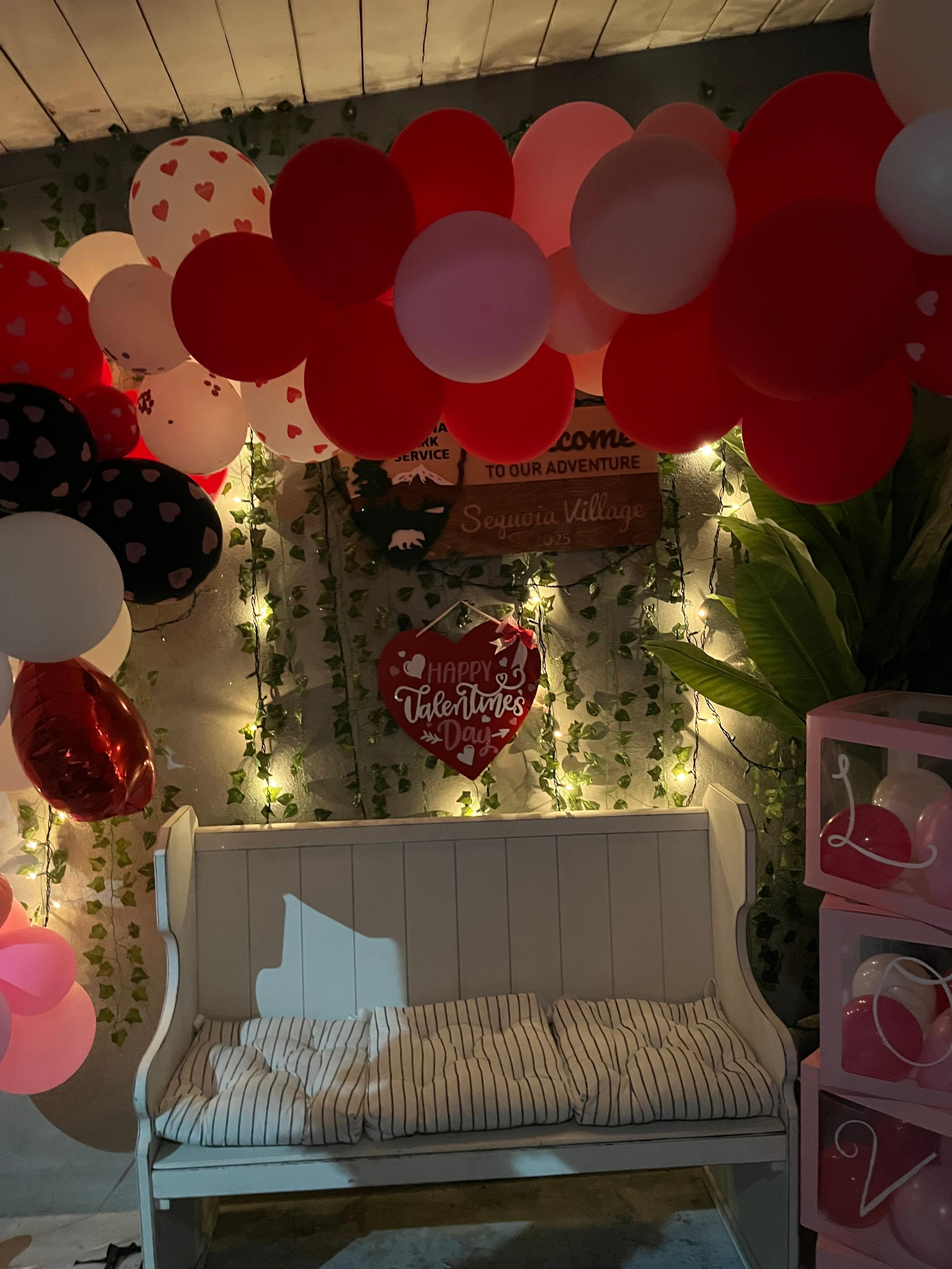 Bench outside reception decorated for Valentine’s Day