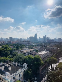 The urban scenery visible from the room's window