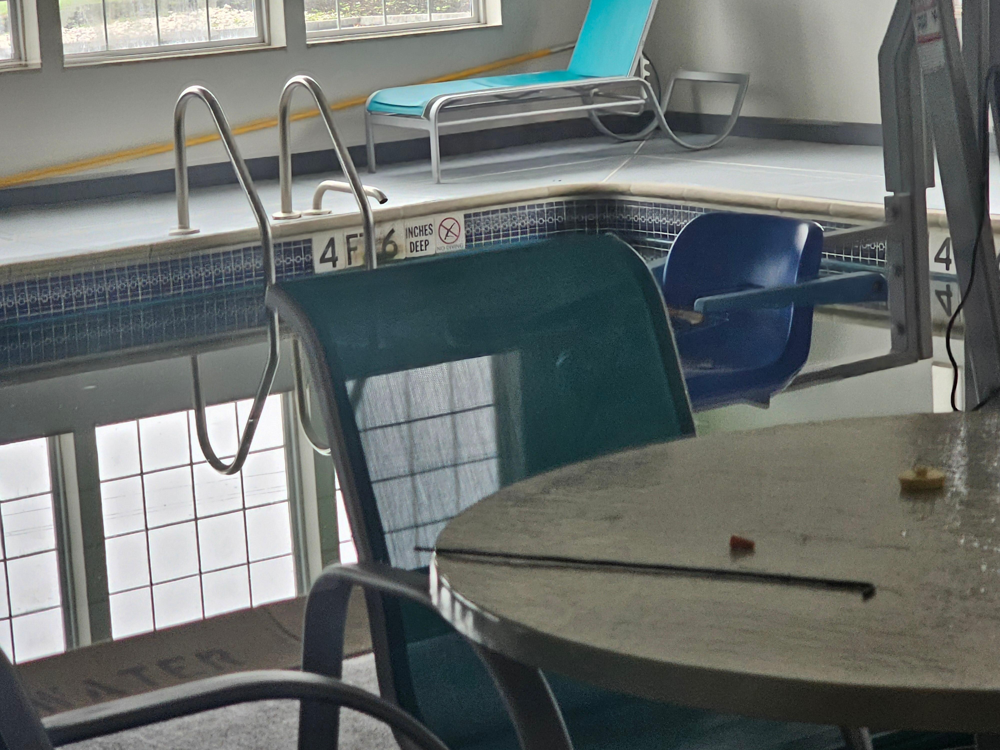 Pool water is black, brown, and green.