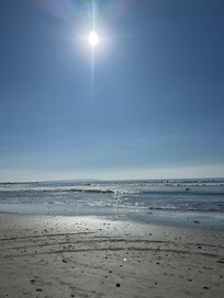 View of ocean and surfers.
