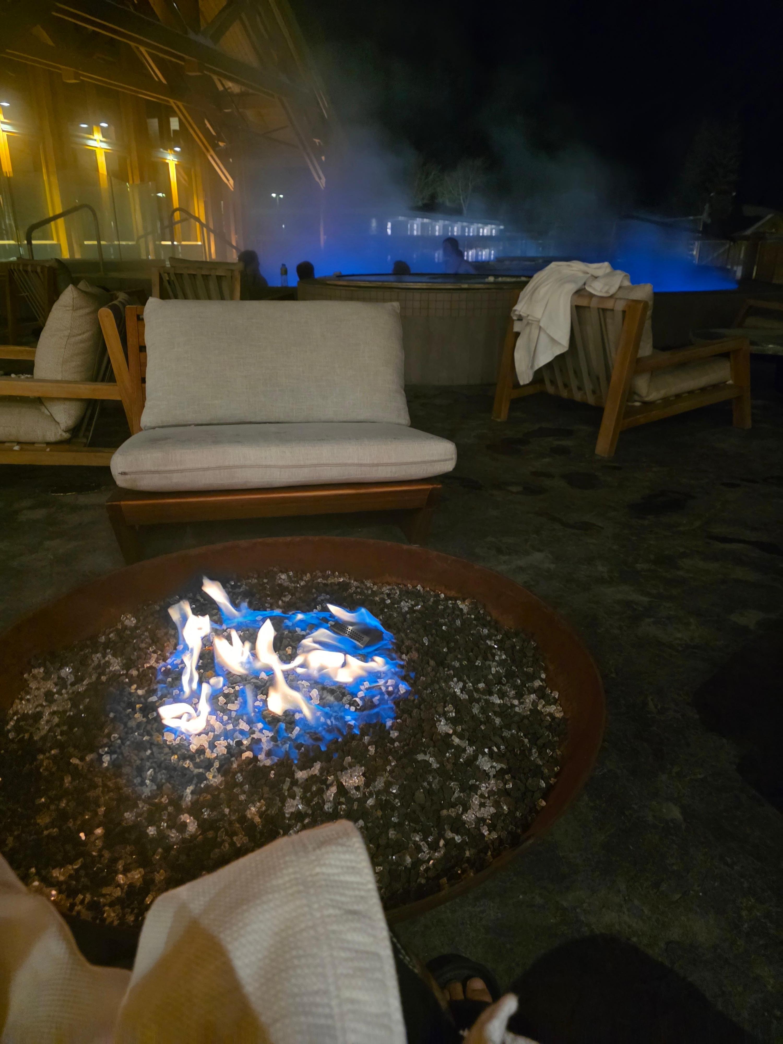 Pool area night time.