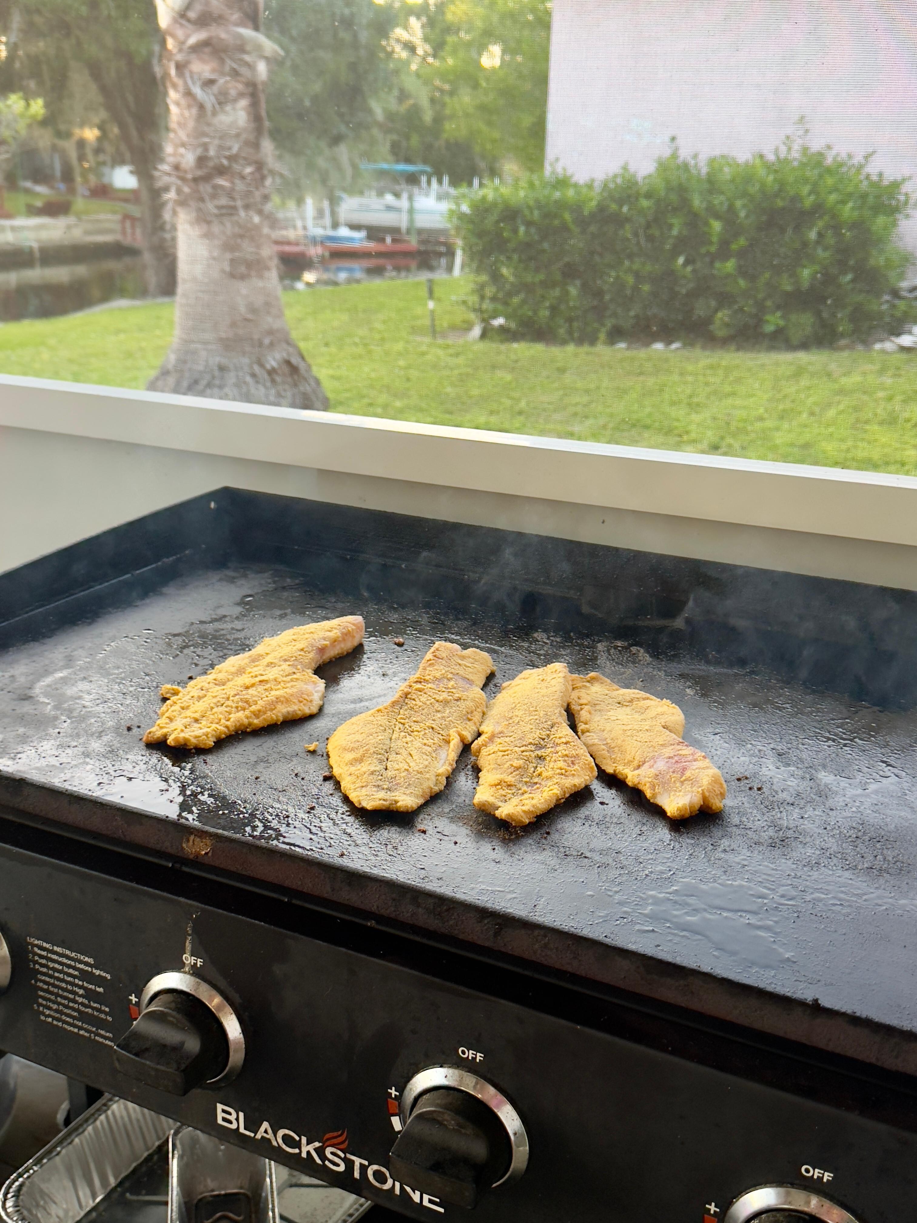 Grilling freshly caught red fish on the Blackstone. Fish were caught on a charter, not the house’s dock, although there were plenty of blue crabs and mullet fish visible in the water throughout our stay.