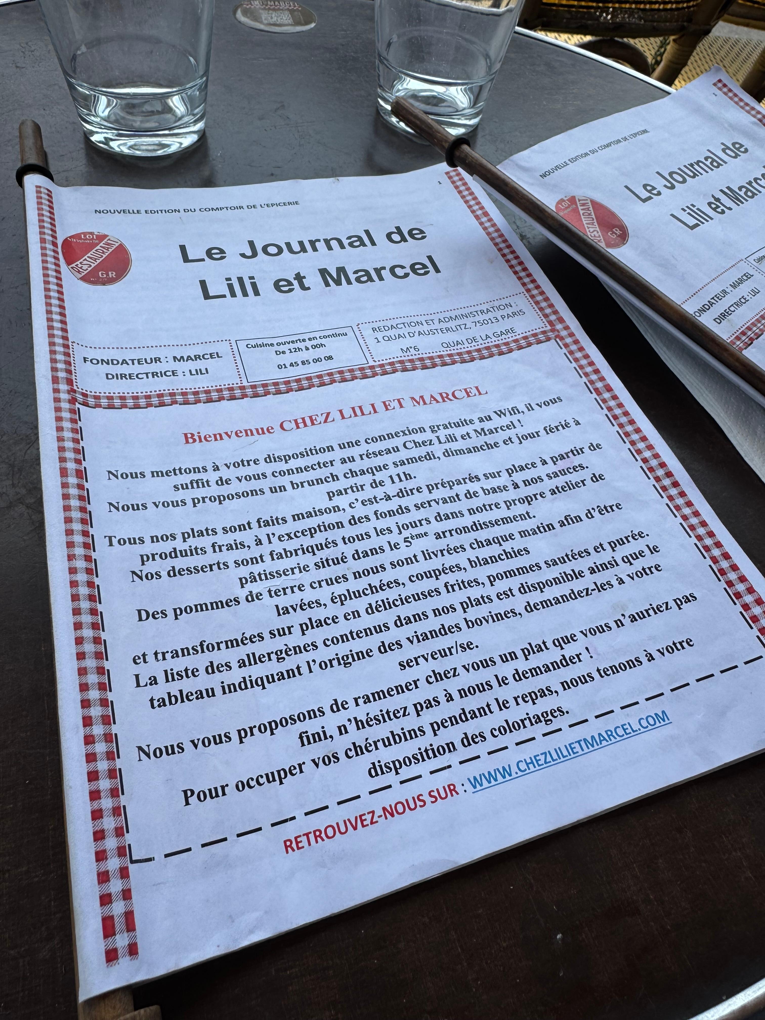 Chez Lili - 1 page of their multi page menu. Burger and crispy salad are terrific.