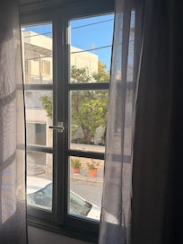 Window with a town side view.