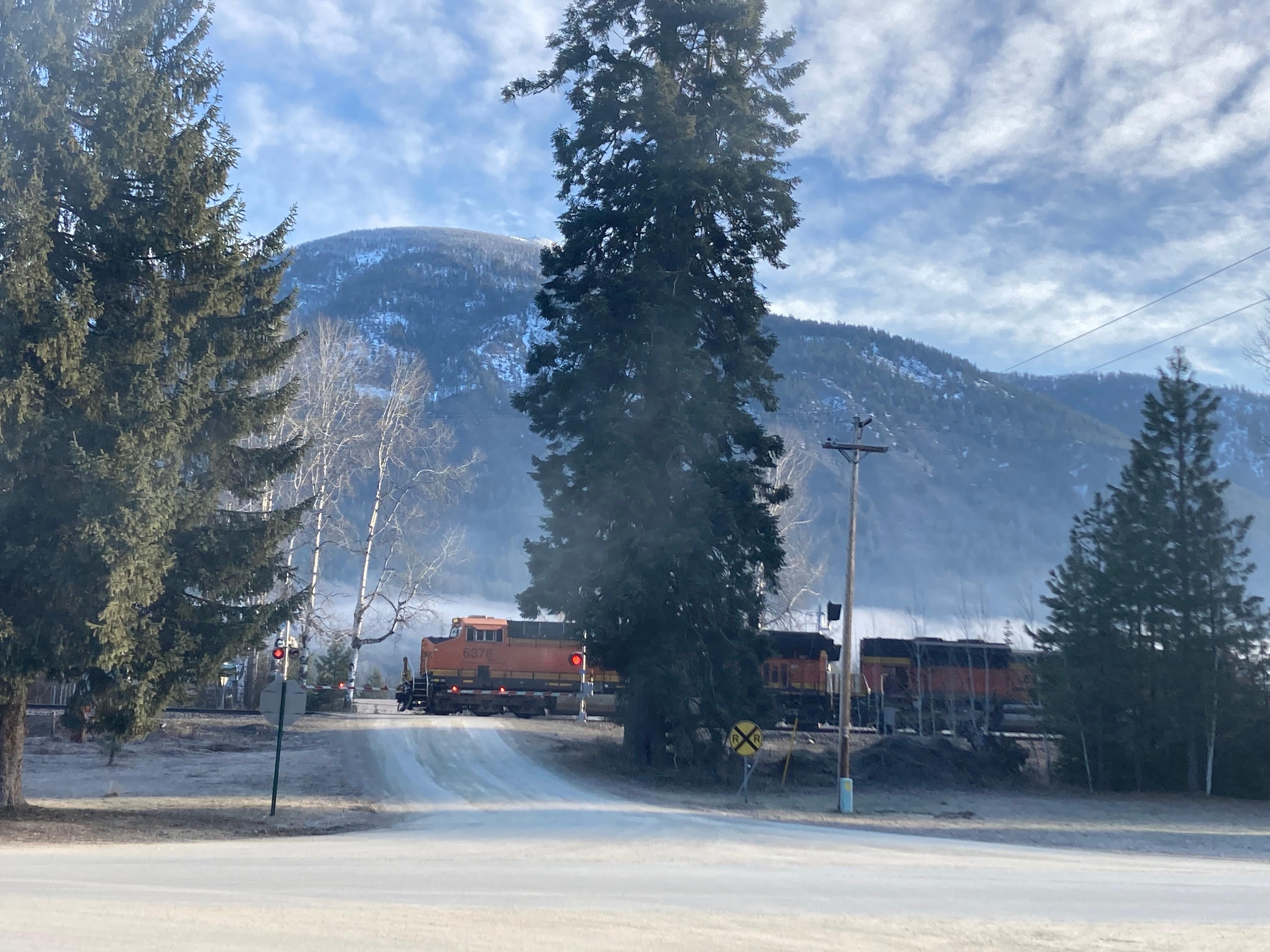 Train in morning mist from cabin porch. Pairs well with coffee.