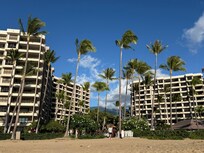 View of hotel from beach (which is lovely, lots of waves on this side)