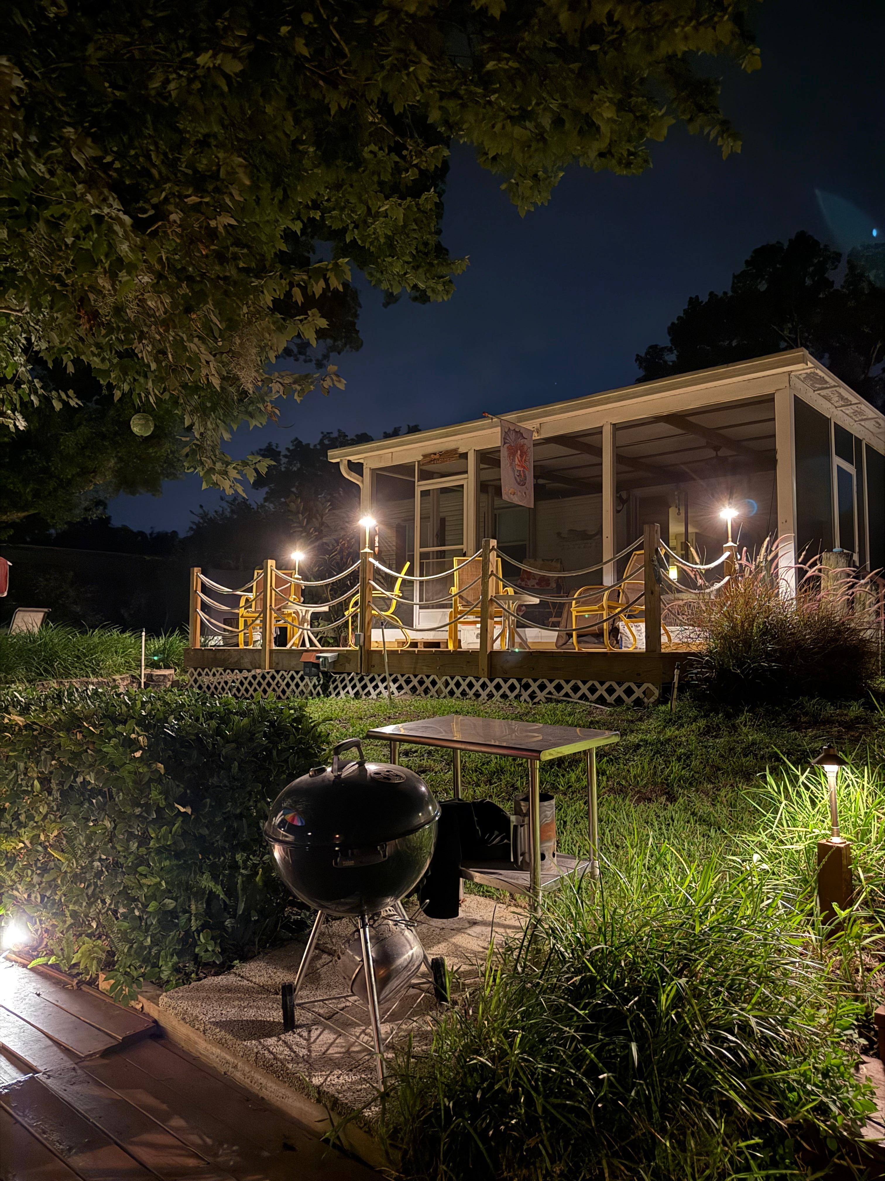 Nighttime view of back porch