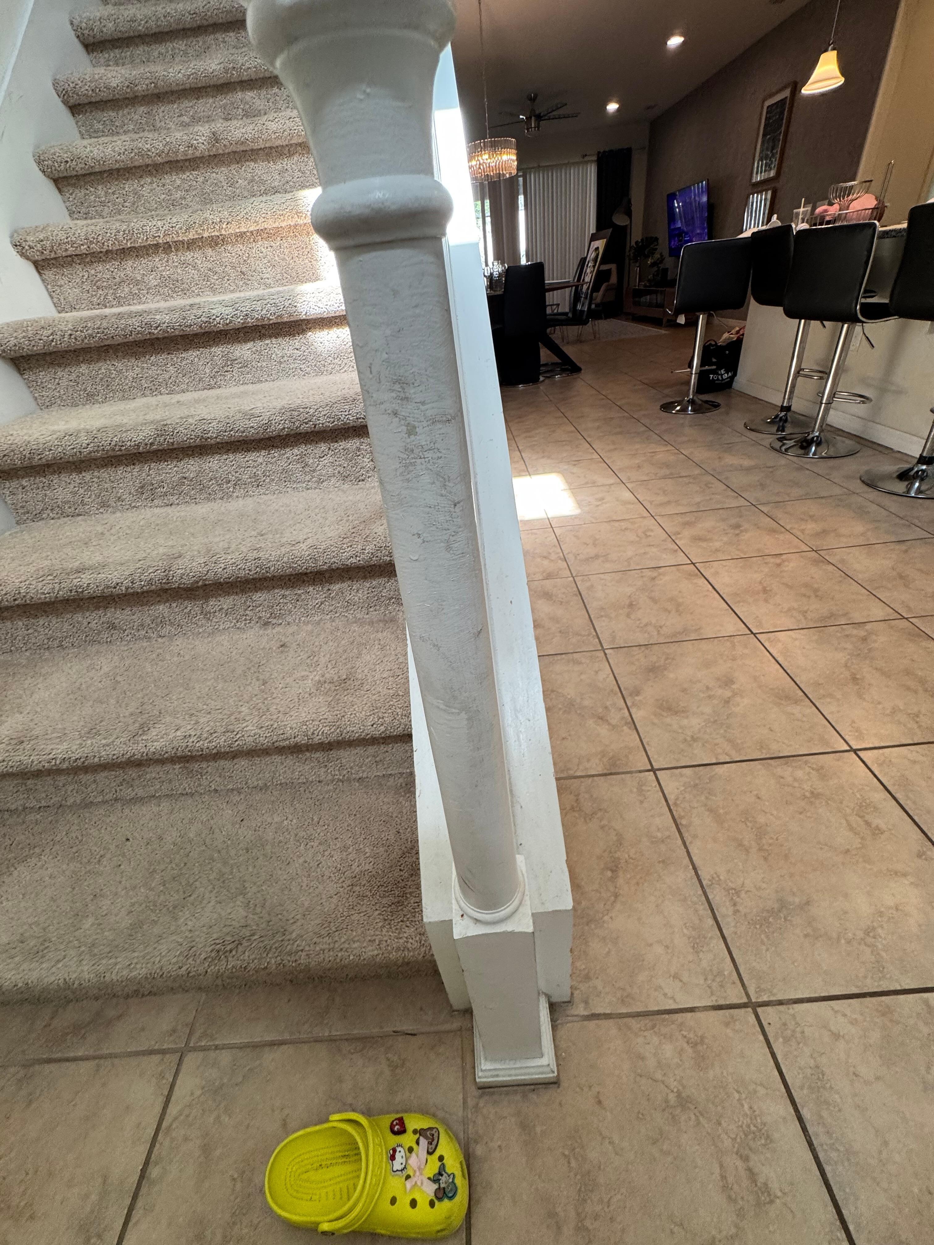 Filthy handrail. I used Clorox wipes to clean it. There was blood on the railing.