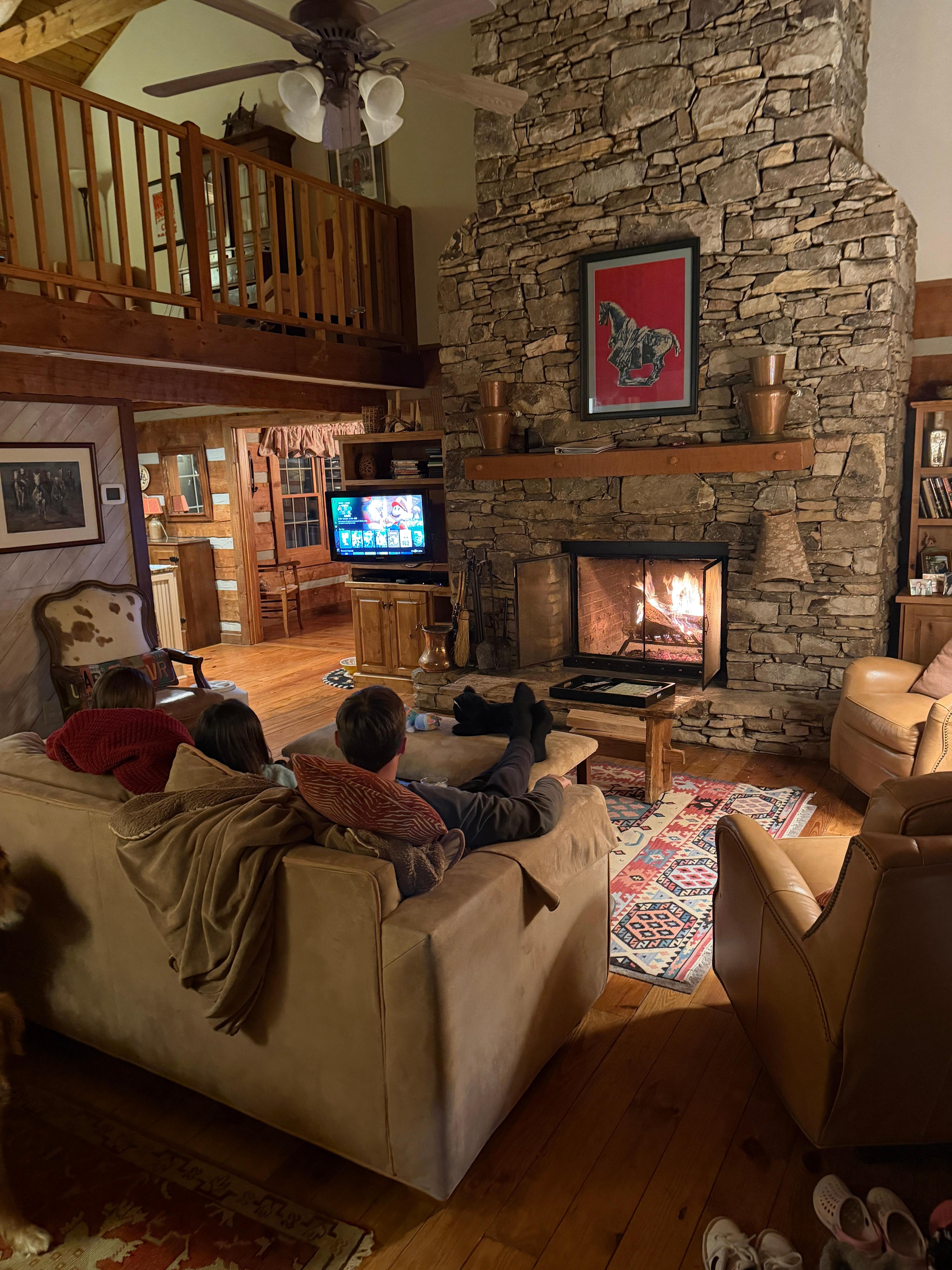 Enjoying the beautiful fireplace!
