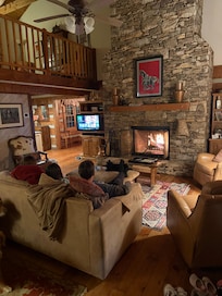 Enjoying the beautiful fireplace!