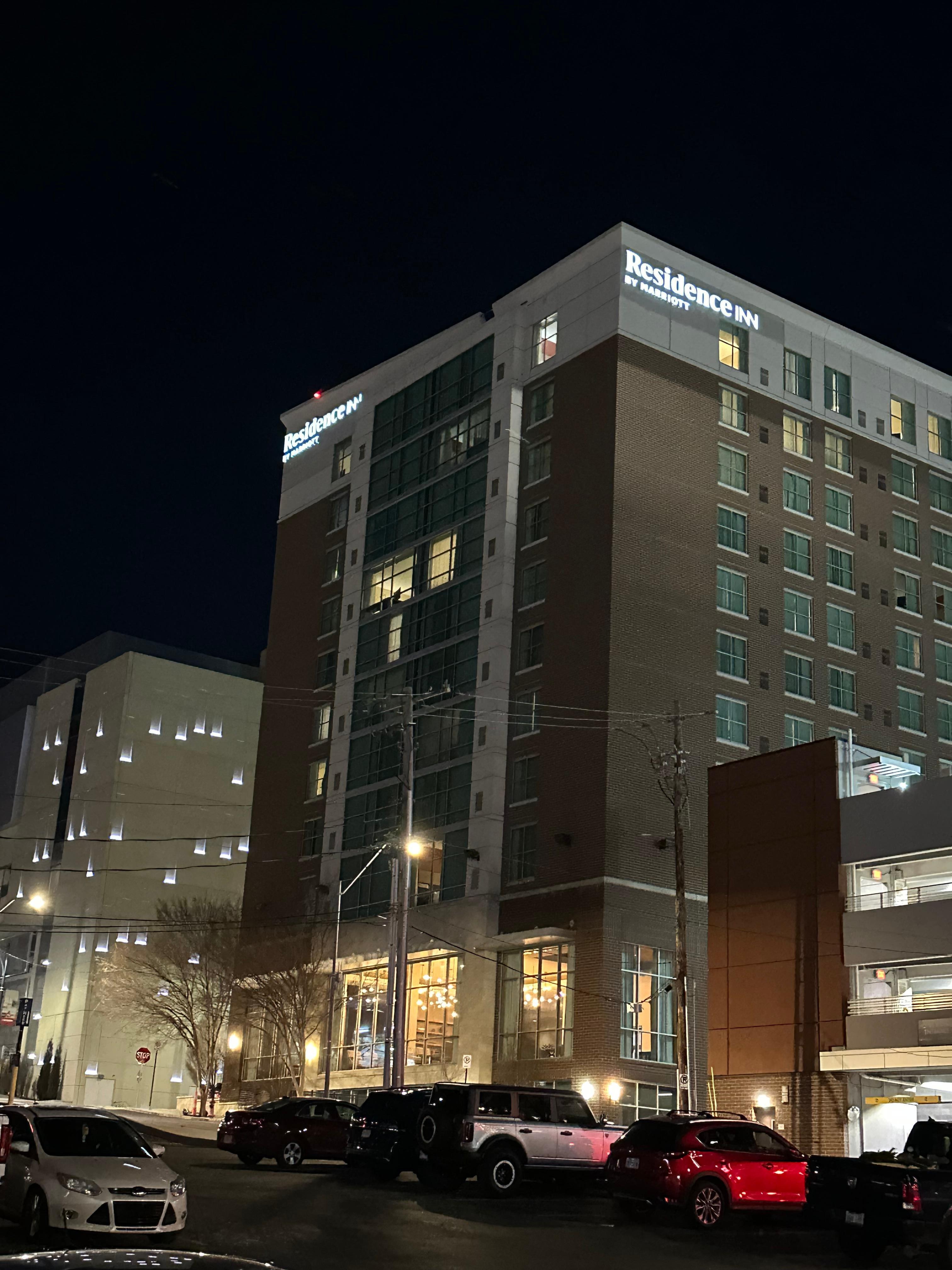 Hotel entrance at night