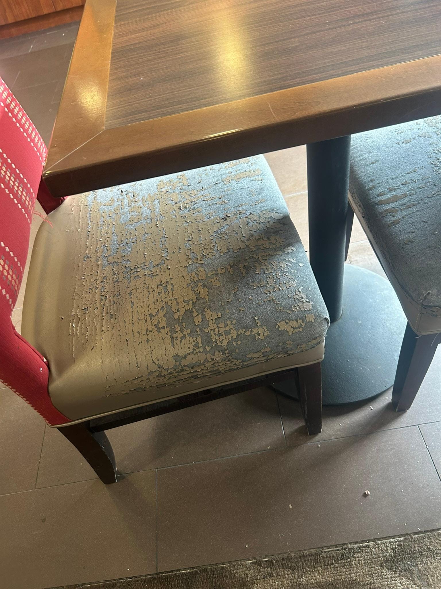 All of the chairs covers were disintegrating.  We had to brush off our clothes after sitting on the chairs.