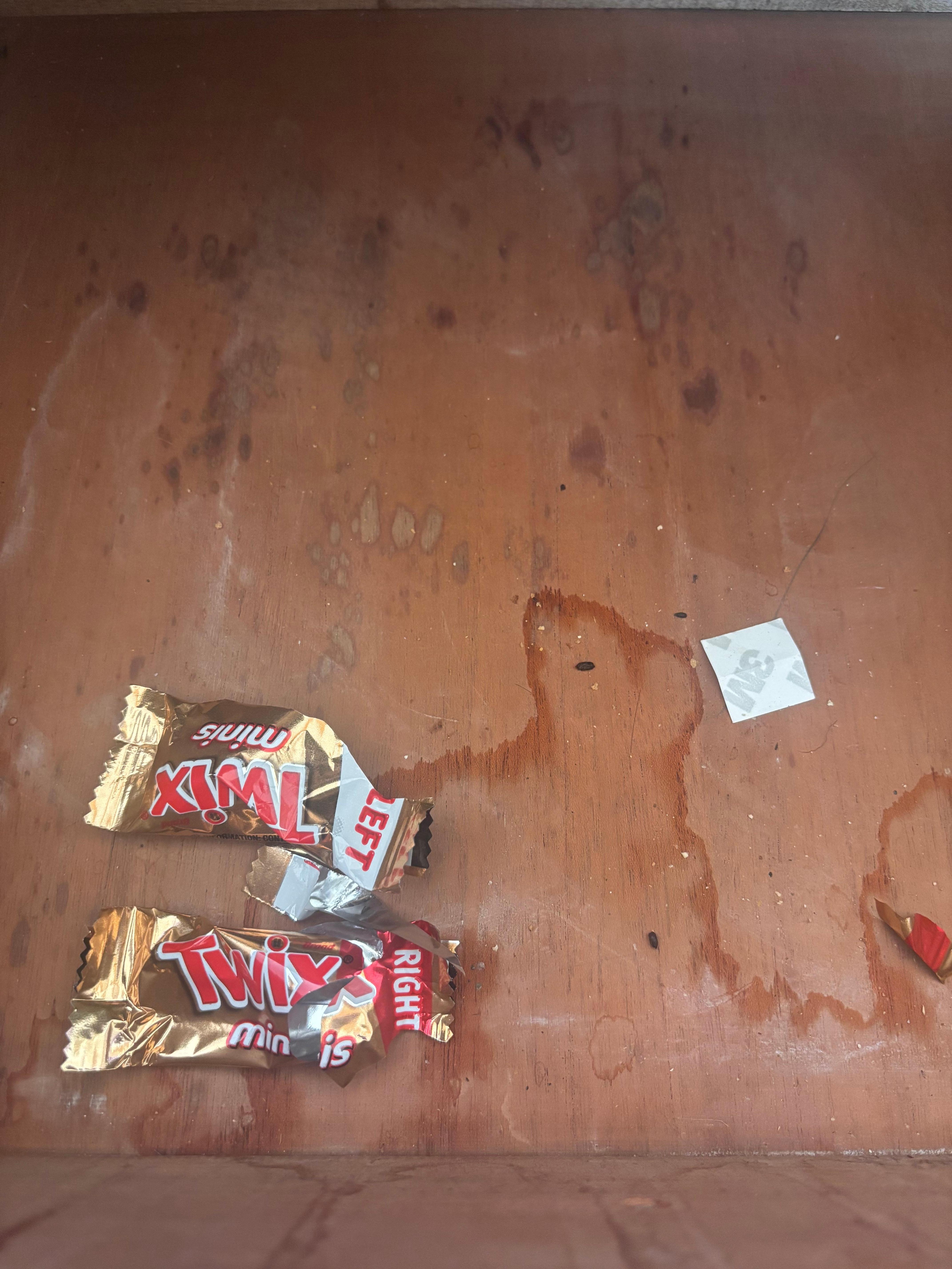 Trash wrappers and mice poop found in kitchen drawers.