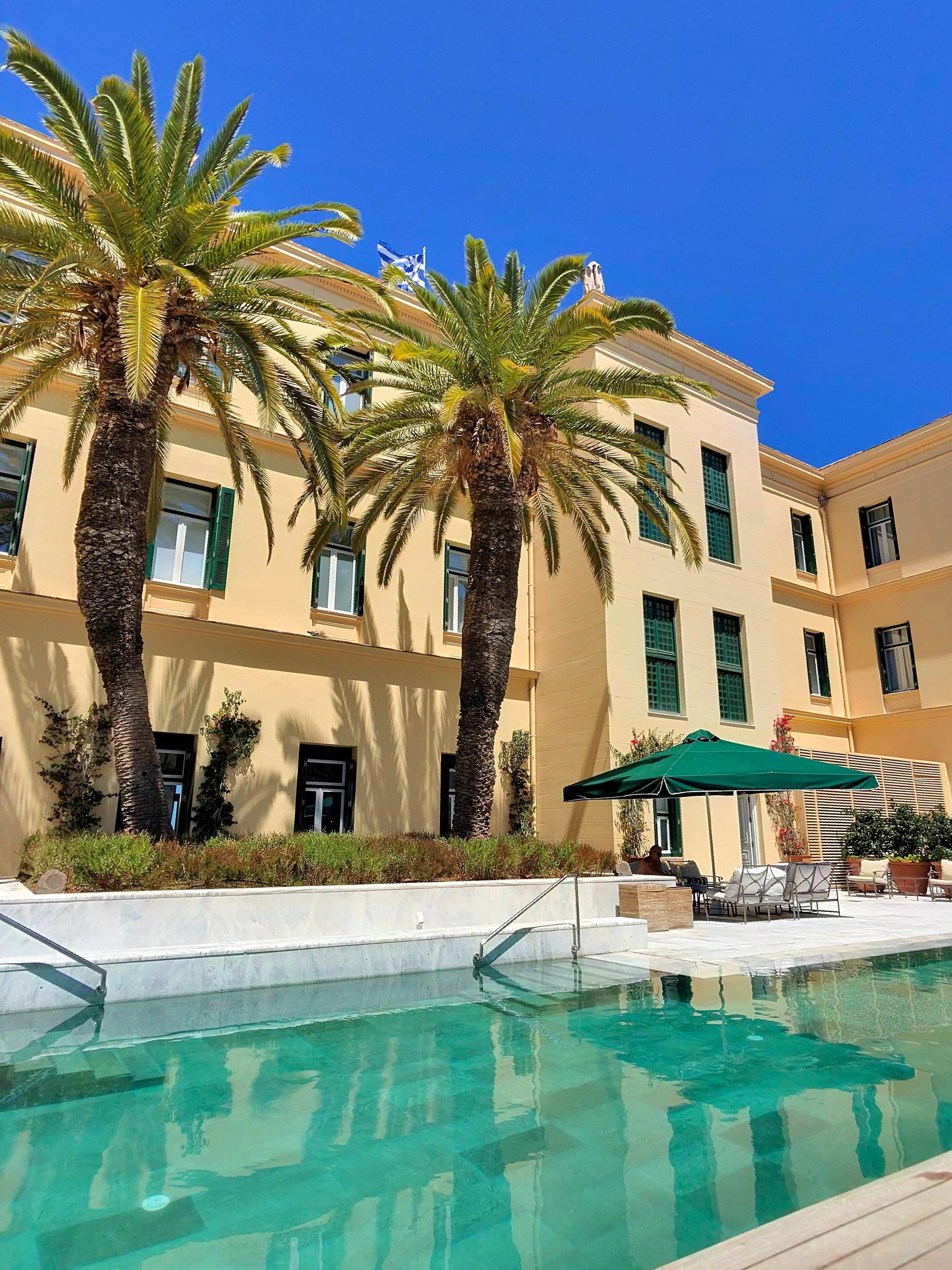 The pool area at the back of the hotel.