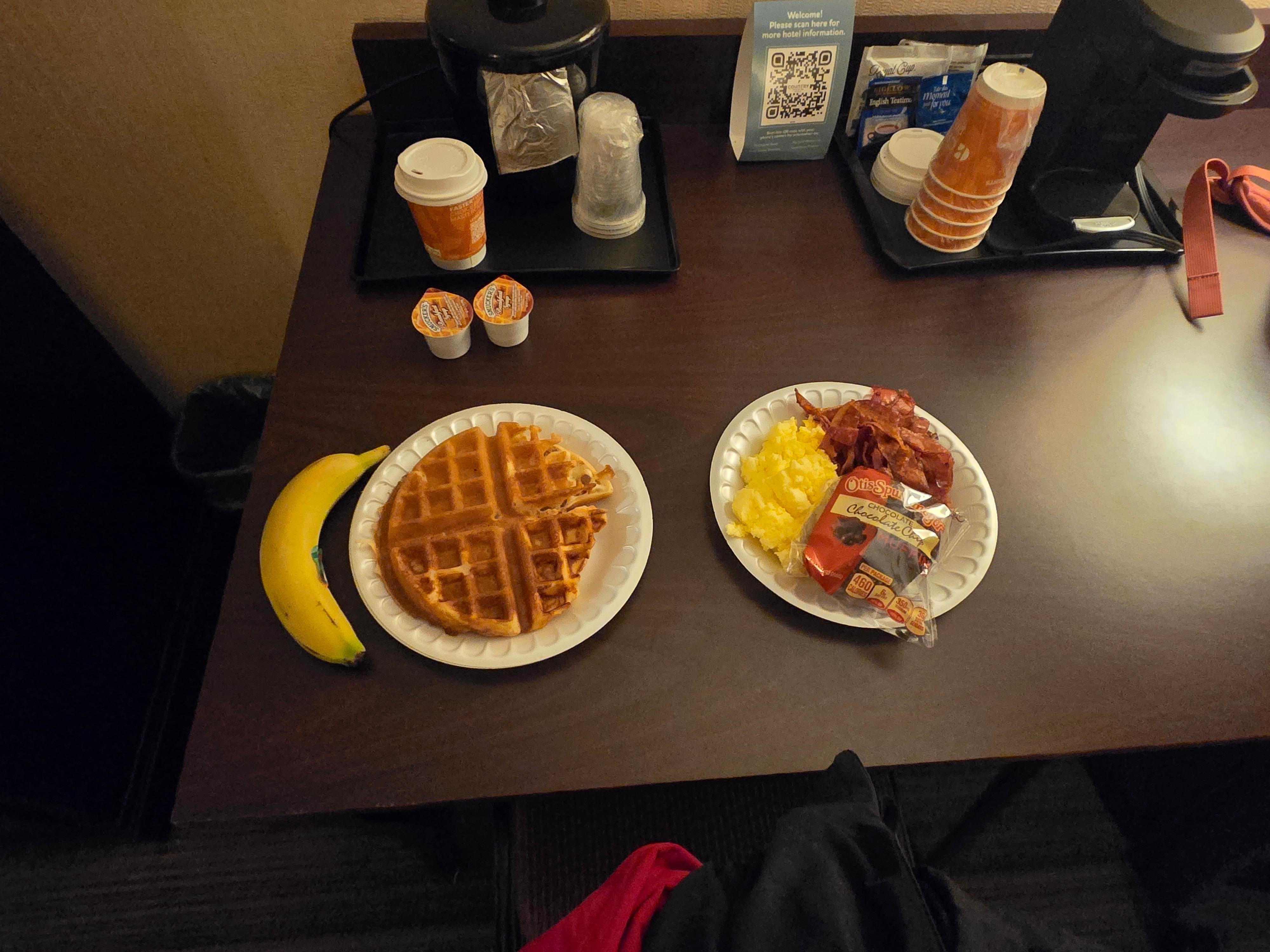 Eatting breakfast in the room I booked because the area of which we're meant to enjoy said breakfast
No one is welcome to,.....here a photo of what I believe is a normal amount of food for an adult.