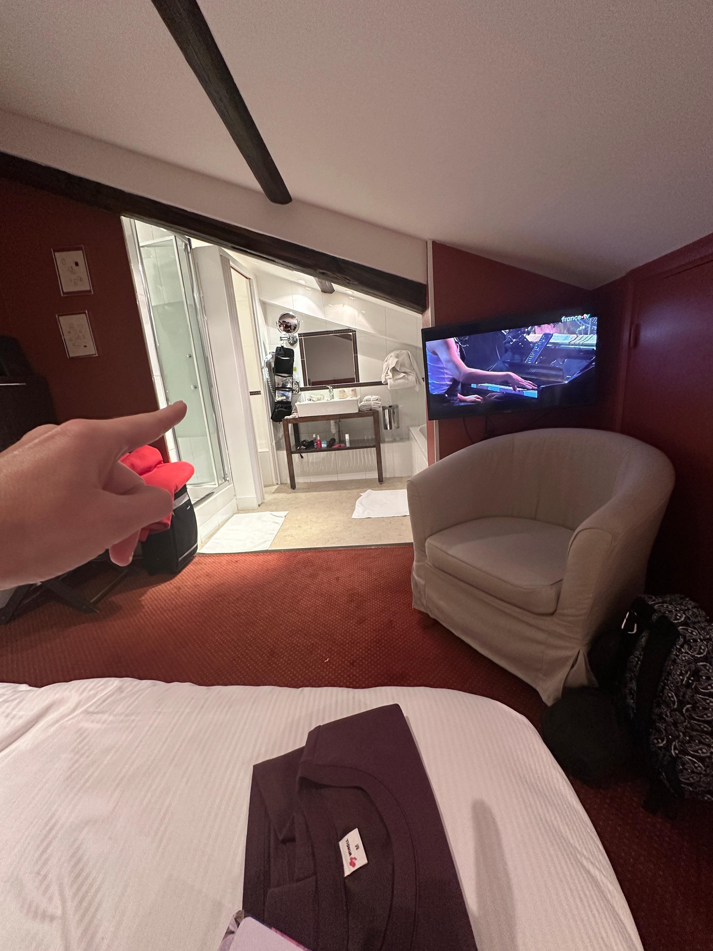 This is the view from our bed. You can see the shower on the left and the tub is on the right. You can also see the shorter A-frame ceiling.