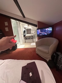 This is the view from our bed. You can see the shower on the left and the tub is on the right. You can also see the shorter A-frame ceiling.