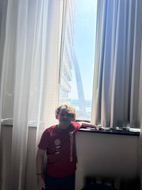 Grandson admiring the Arch from our window.