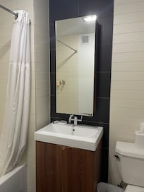 Damaged bathroom mirror door that wouldn’t shut and damaged cabinet.