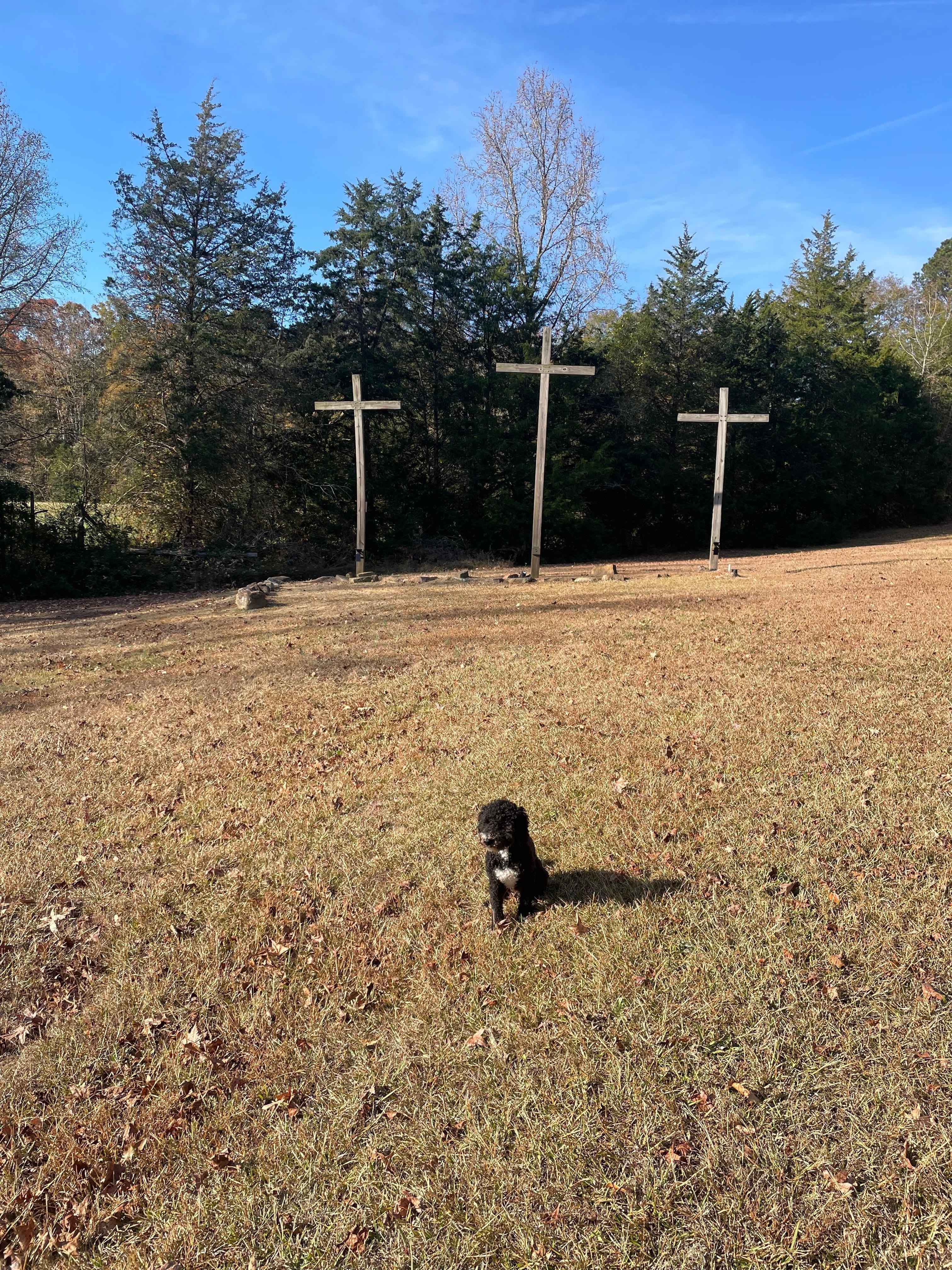 Three Wooden Crosses-Father, Son, Holy Ghost, and a Pocket, our Golden Doddle 