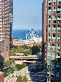 View of Navy Pier from the window in elevator area.