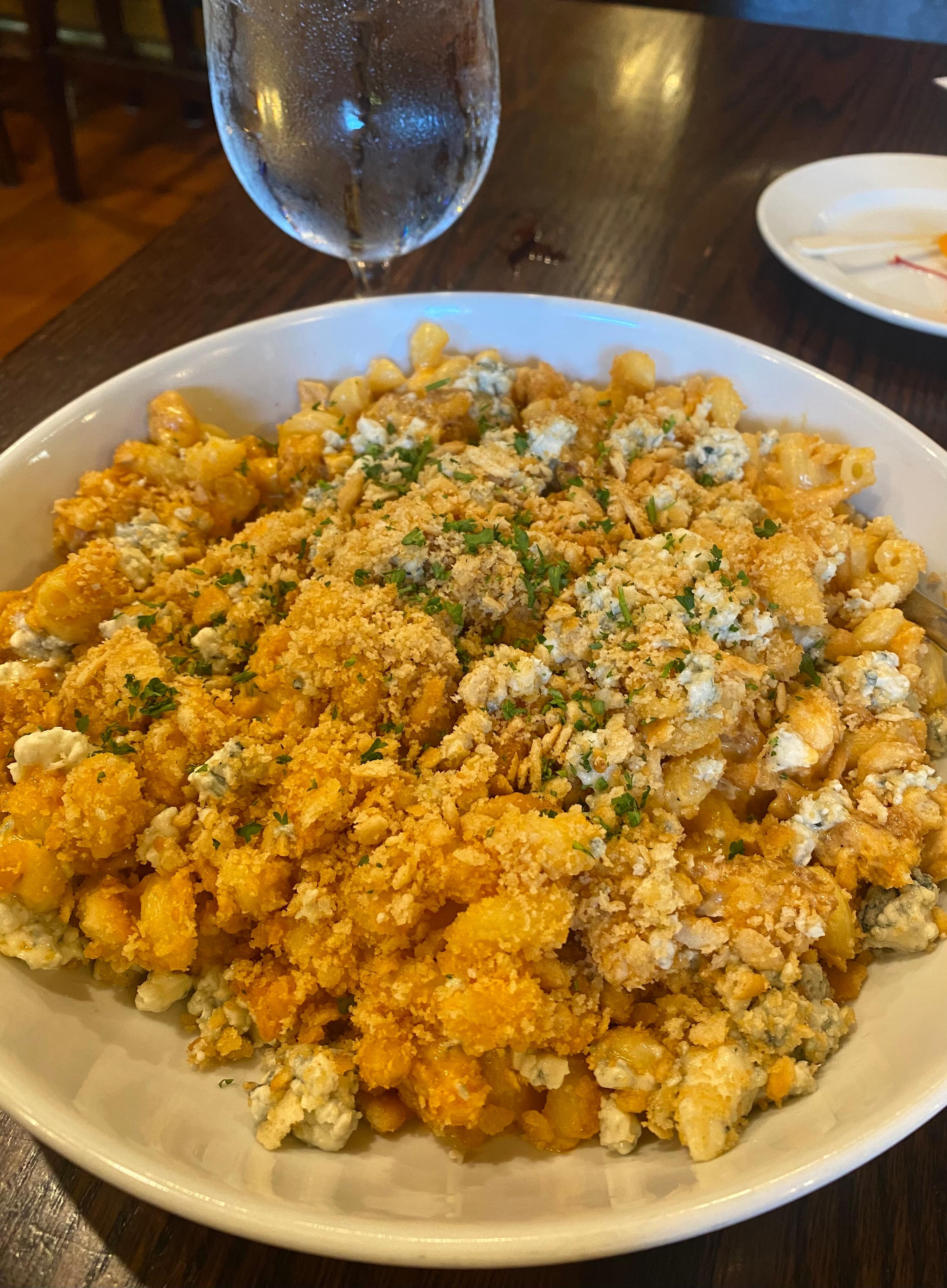 Buffalo Mac & cheese with blue cheese crumbles