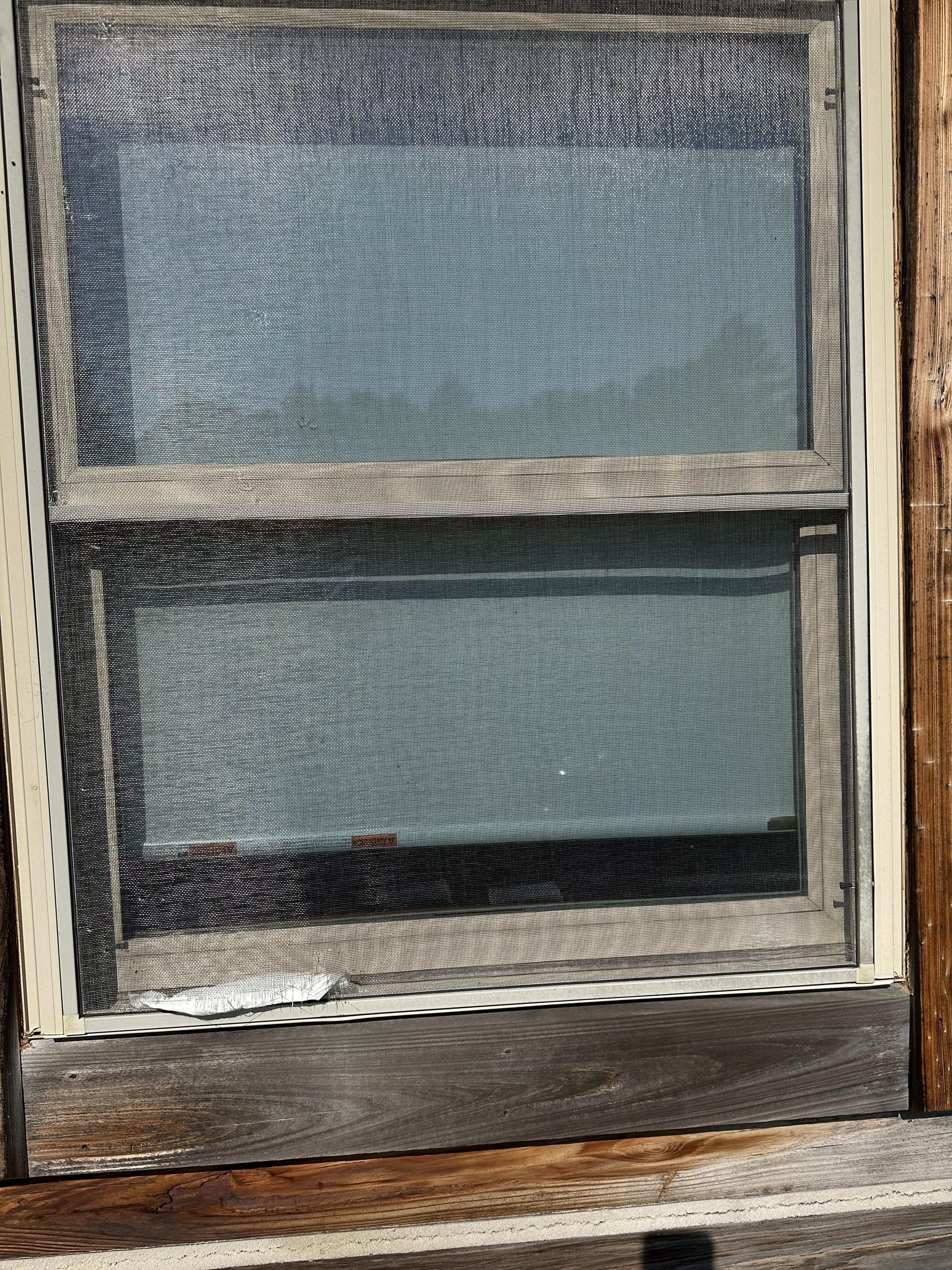 Torn screen, when we got there, in master bedroom bathroom.