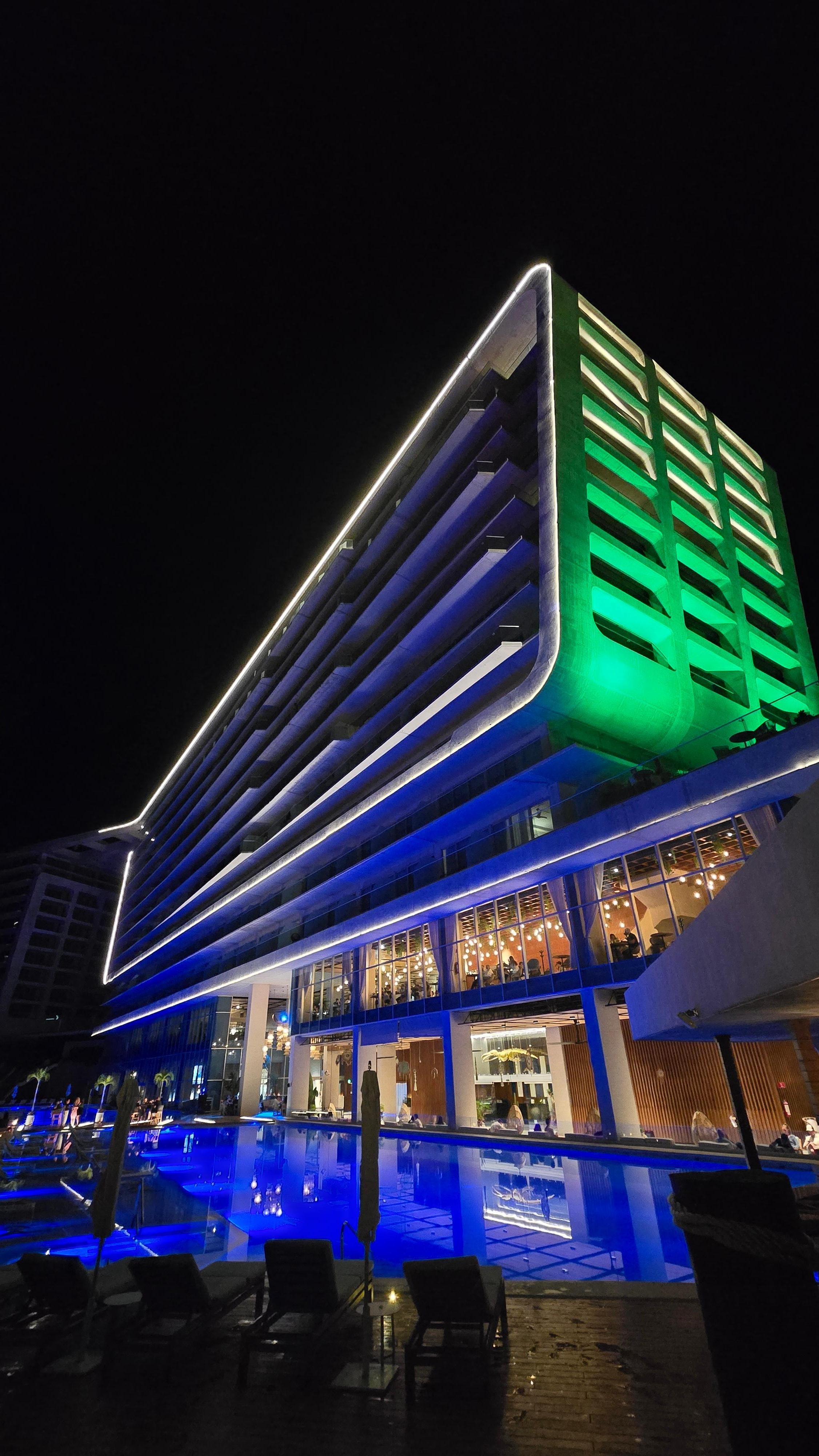 The resort at night looking like futuristic spaceship