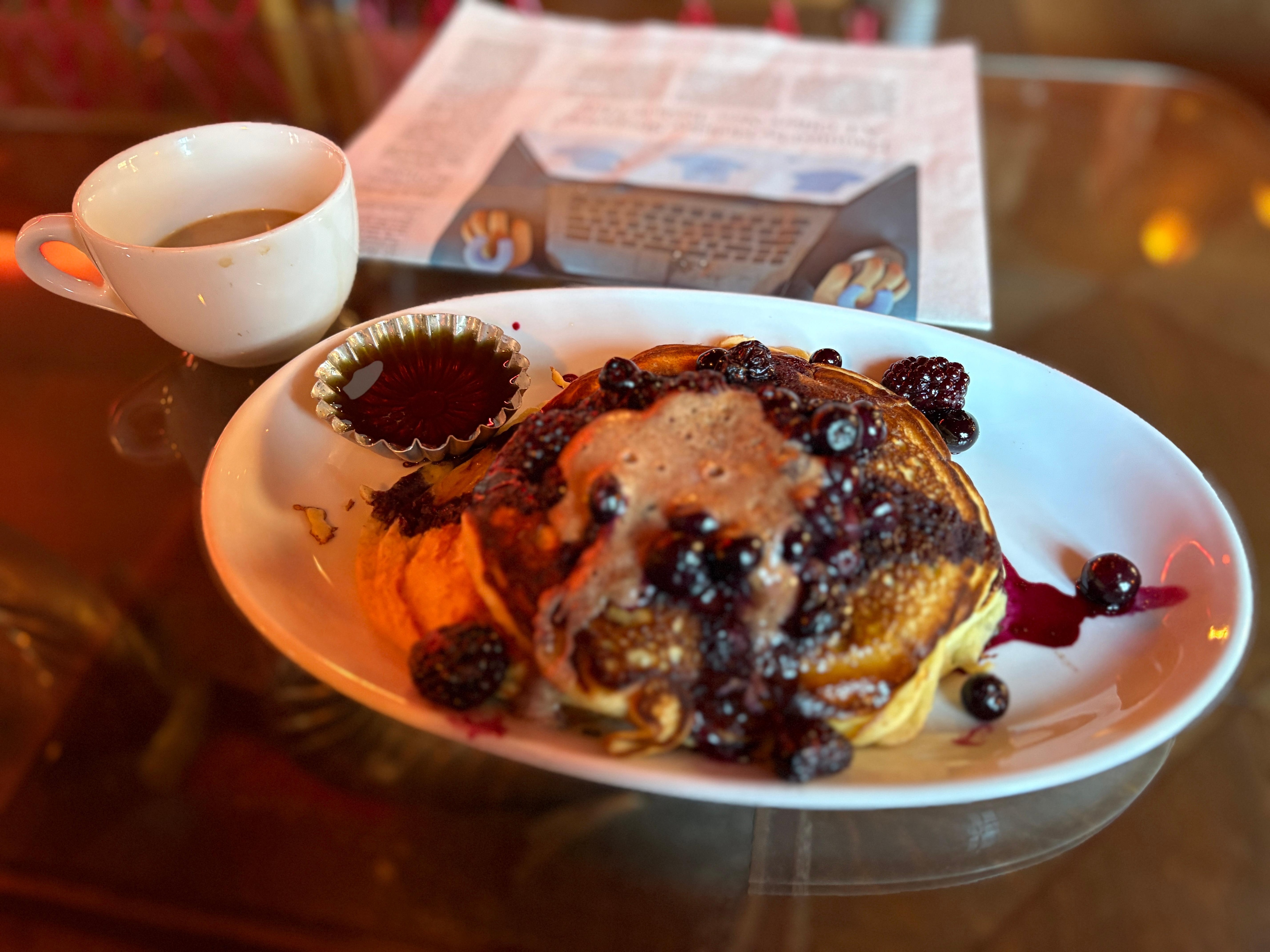 My Very Good pancakes with blackberries and blueberries-delicious!