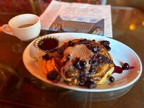 My Very Good pancakes with blackberries and blueberries-delicious!