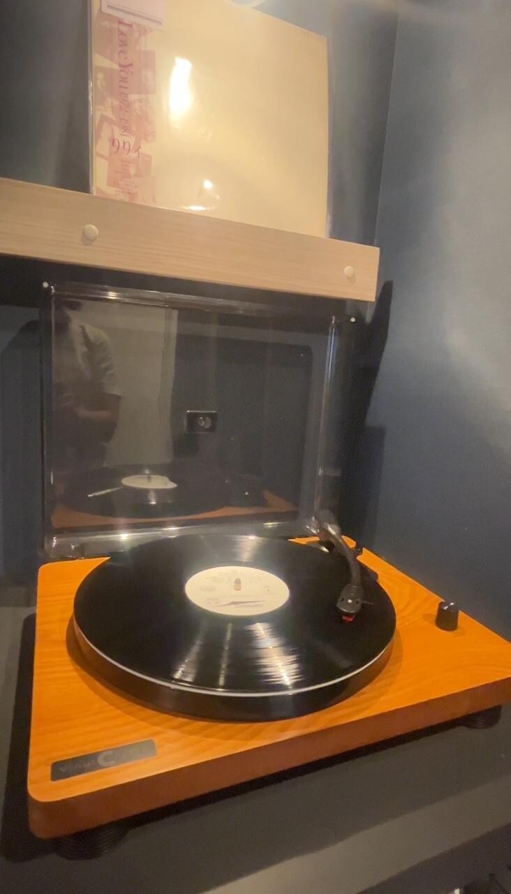 Vinyl record player in the room 