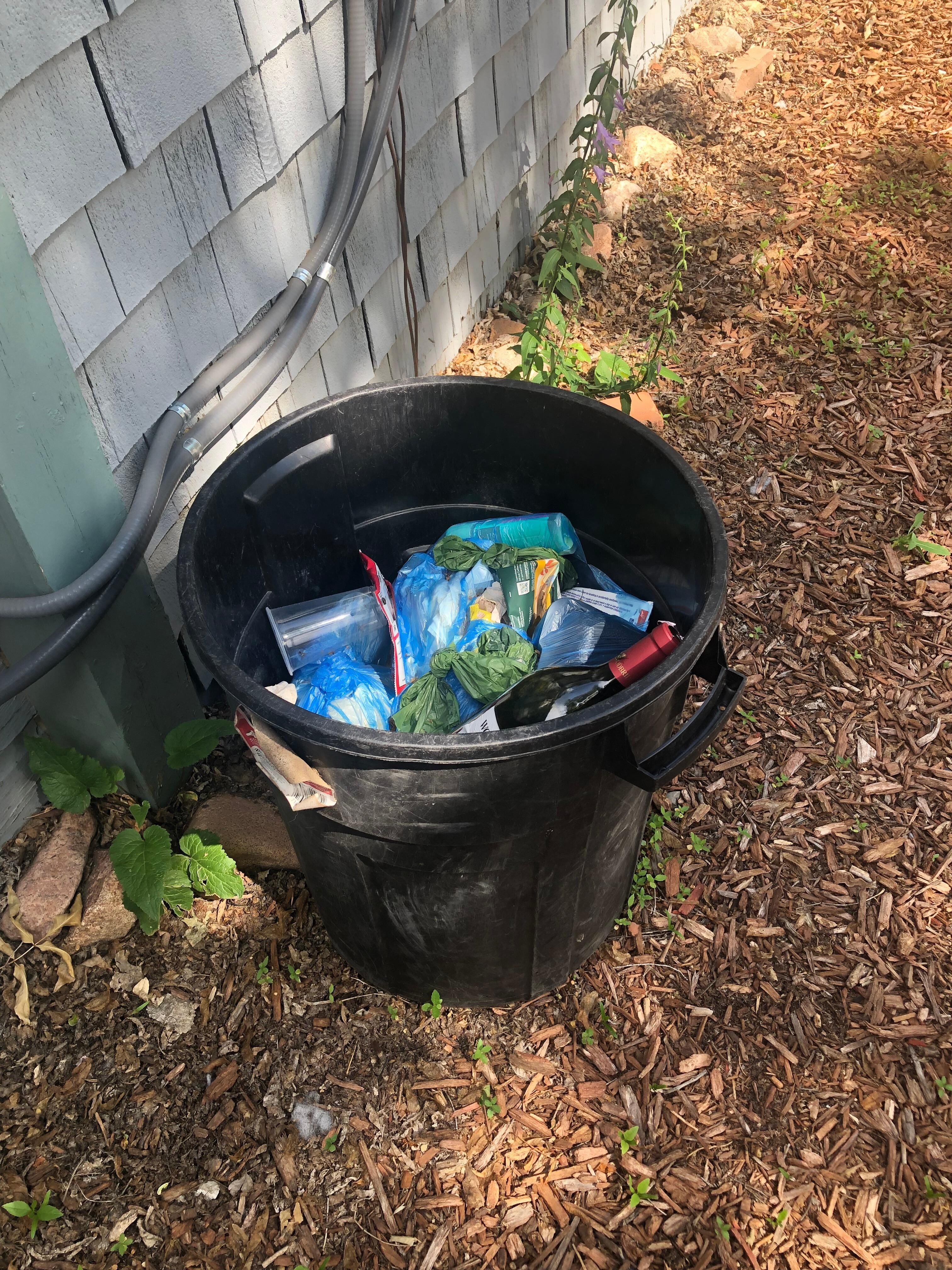 Full garbage can outside that smelled like dog feces. 