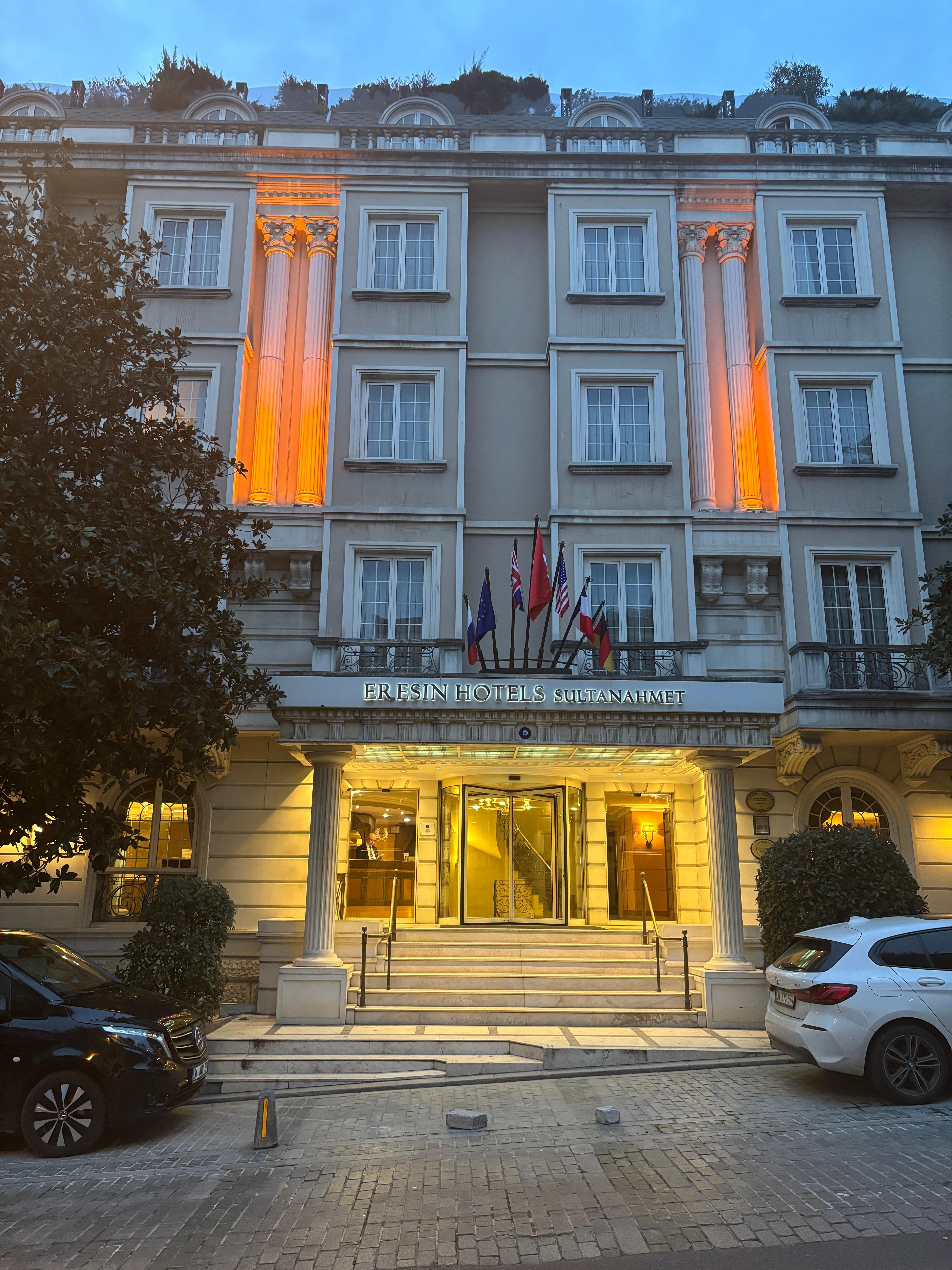 Front of hotel night time