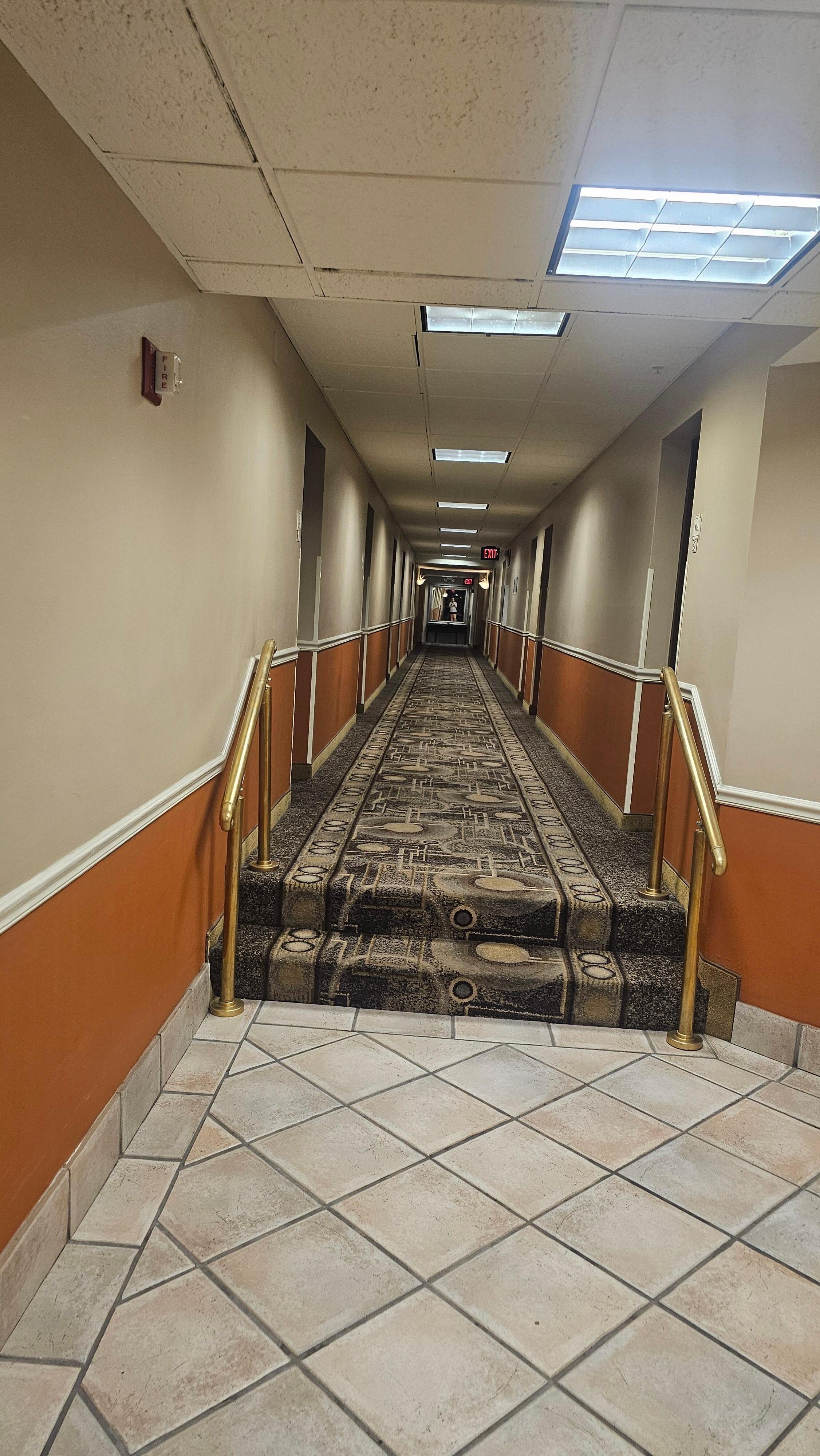 Two steps at our end, 5 or 6 at the other to get to the front desk. 