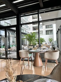 Dining area with view of patio.