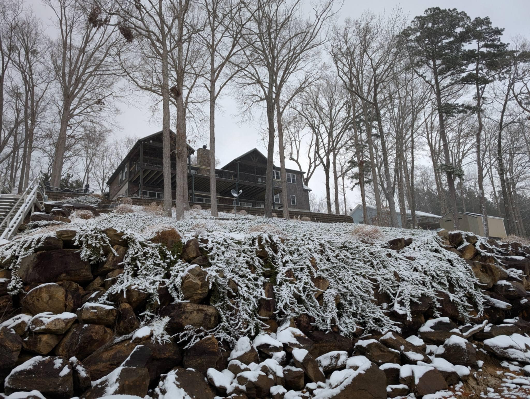 A snowy lake house 